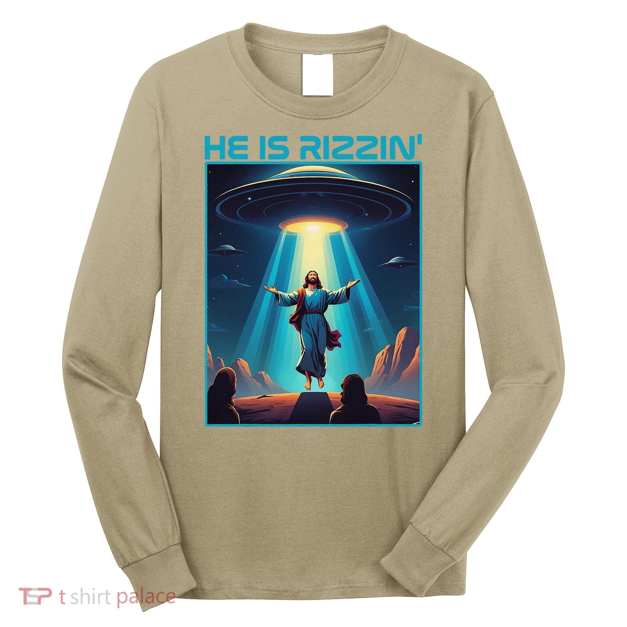 Funny Jesus Rizzin Easter Ufo Alien Abduction Space Christ Long Sleeve Shirt