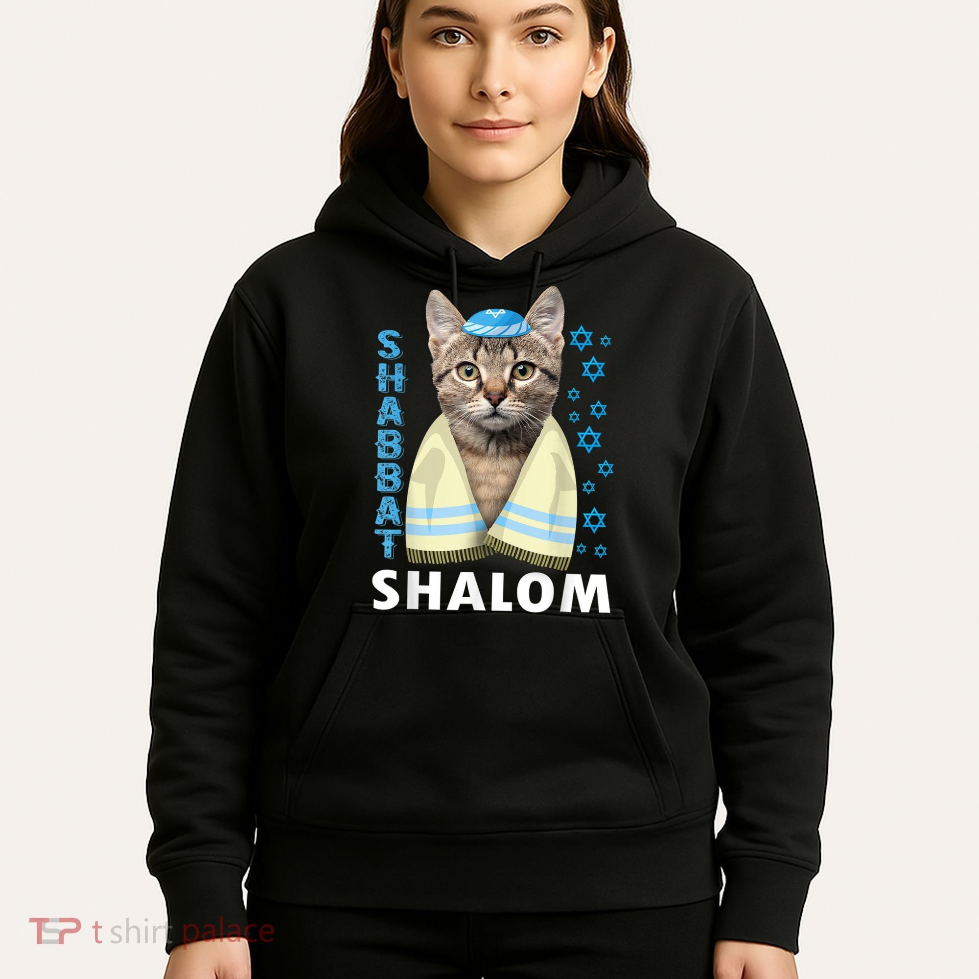 Funny Jewish Shabbat Shalom Cute Cat With Kippah Hoodie