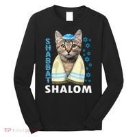 Funny Jewish Shabbat Shalom Cute Cat With Kippah Long Sleeve Shirt thumb 0