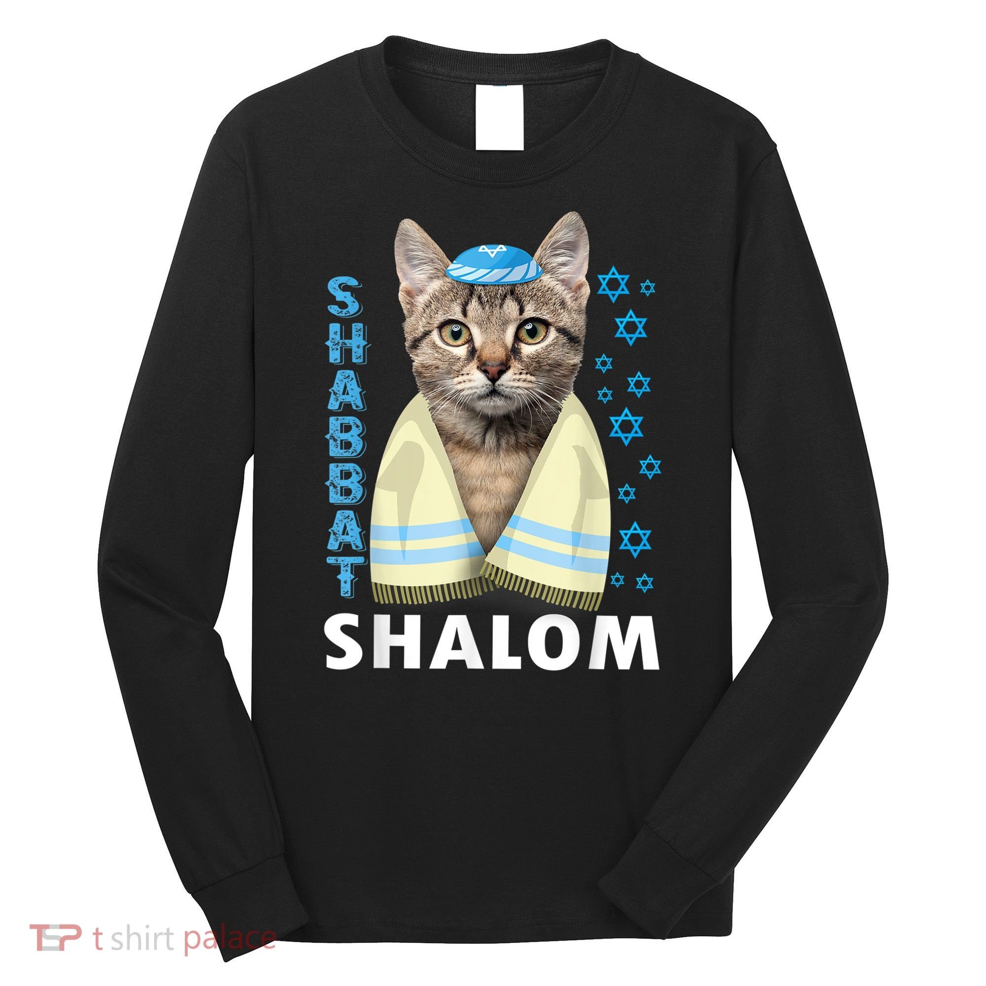Funny Jewish Shabbat Shalom Cute Cat With Kippah Long Sleeve Shirt