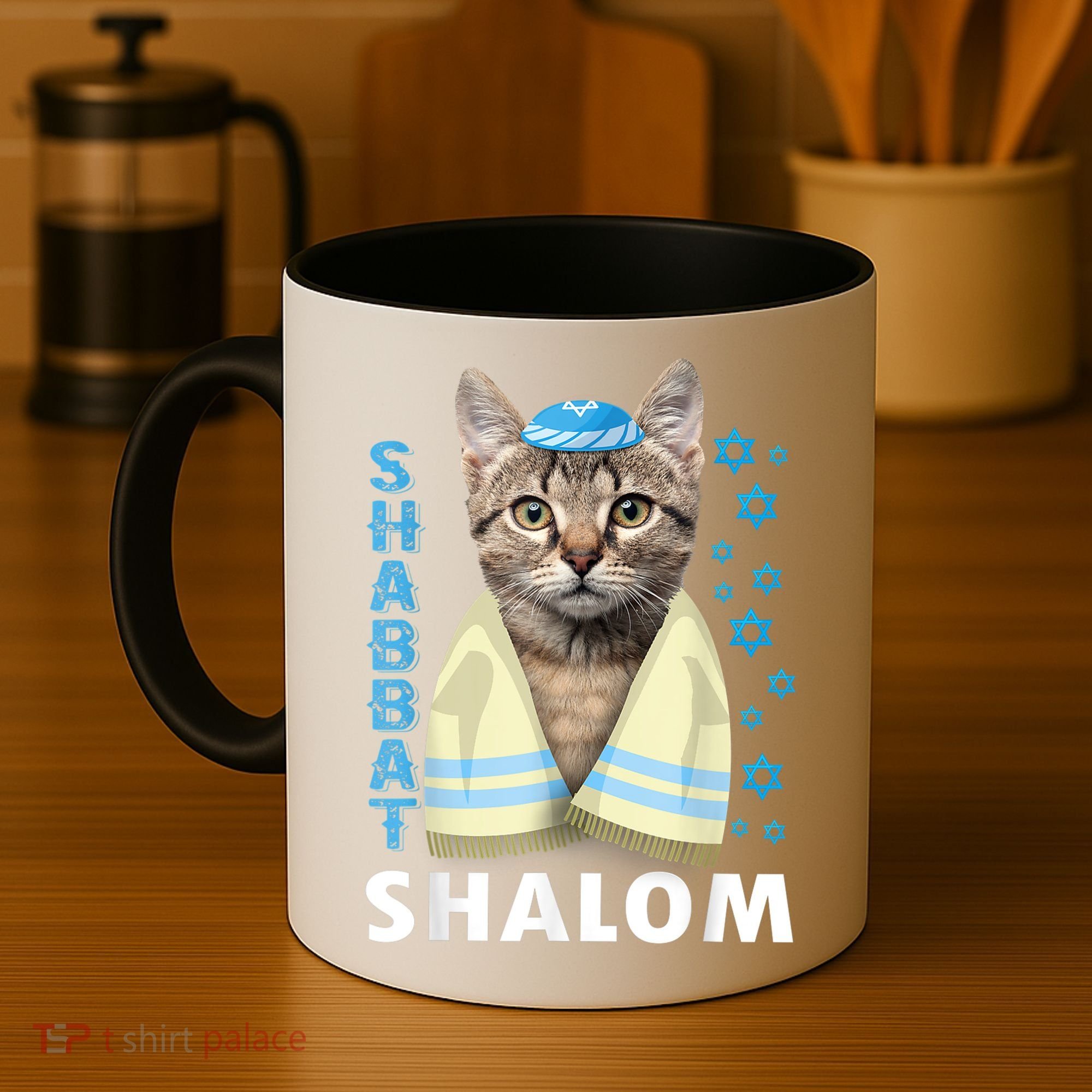 Funny Jewish Shabbat Shalom Cute Cat With Kippah Coffee Mug