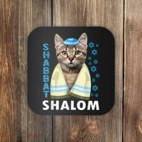 Funny Jewish Shabbat Shalom Cute Cat With Kippah Coaster thumb 0