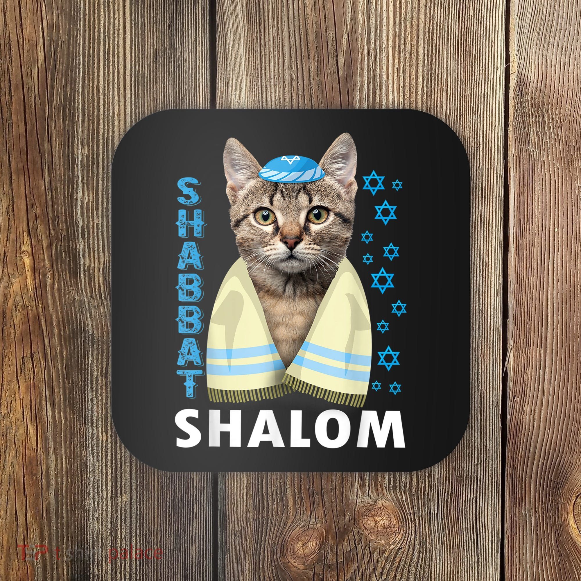 Funny Jewish Shabbat Shalom Cute Cat With Kippah Coaster