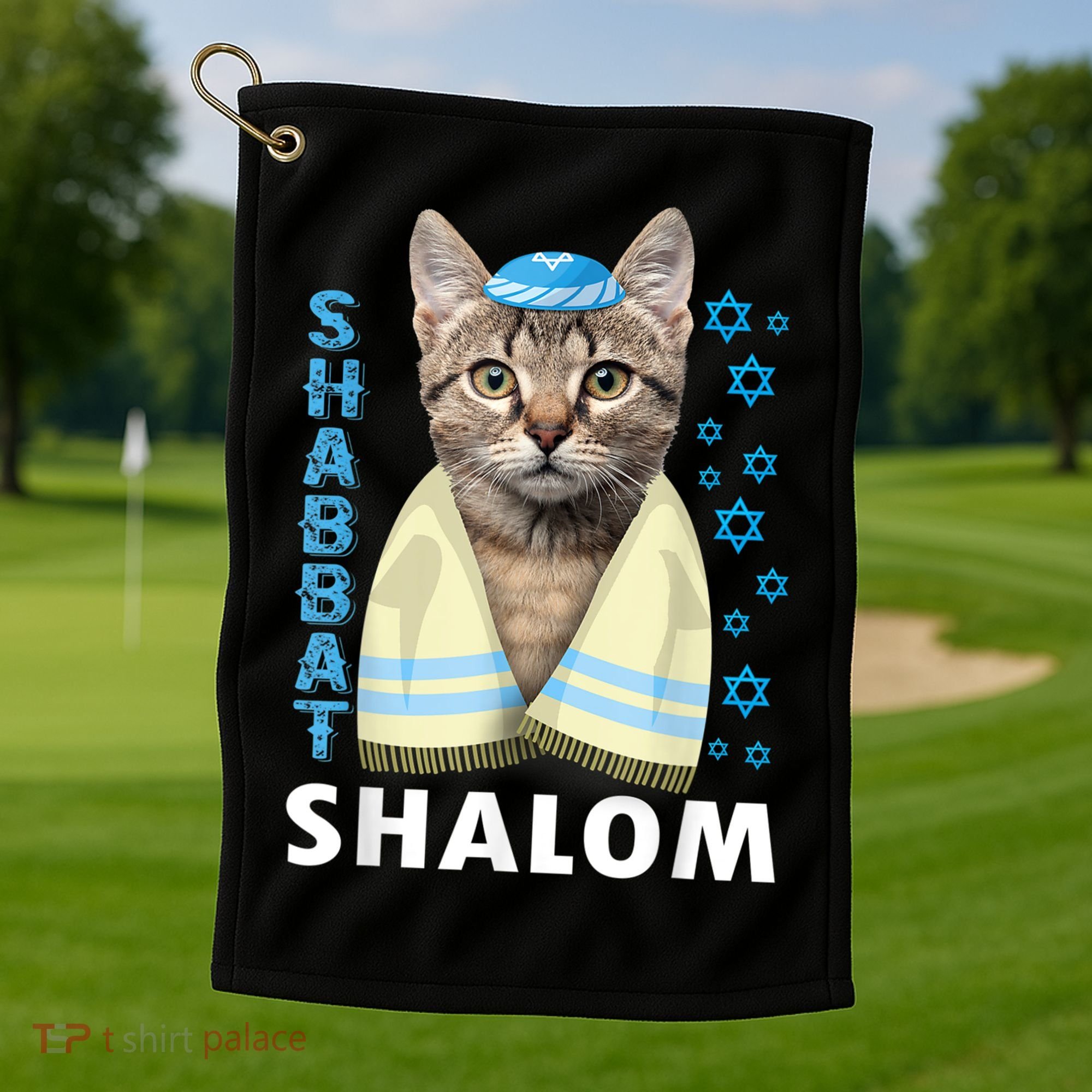 Funny Jewish Shabbat Shalom Cute Cat With Kippah Golf Towel