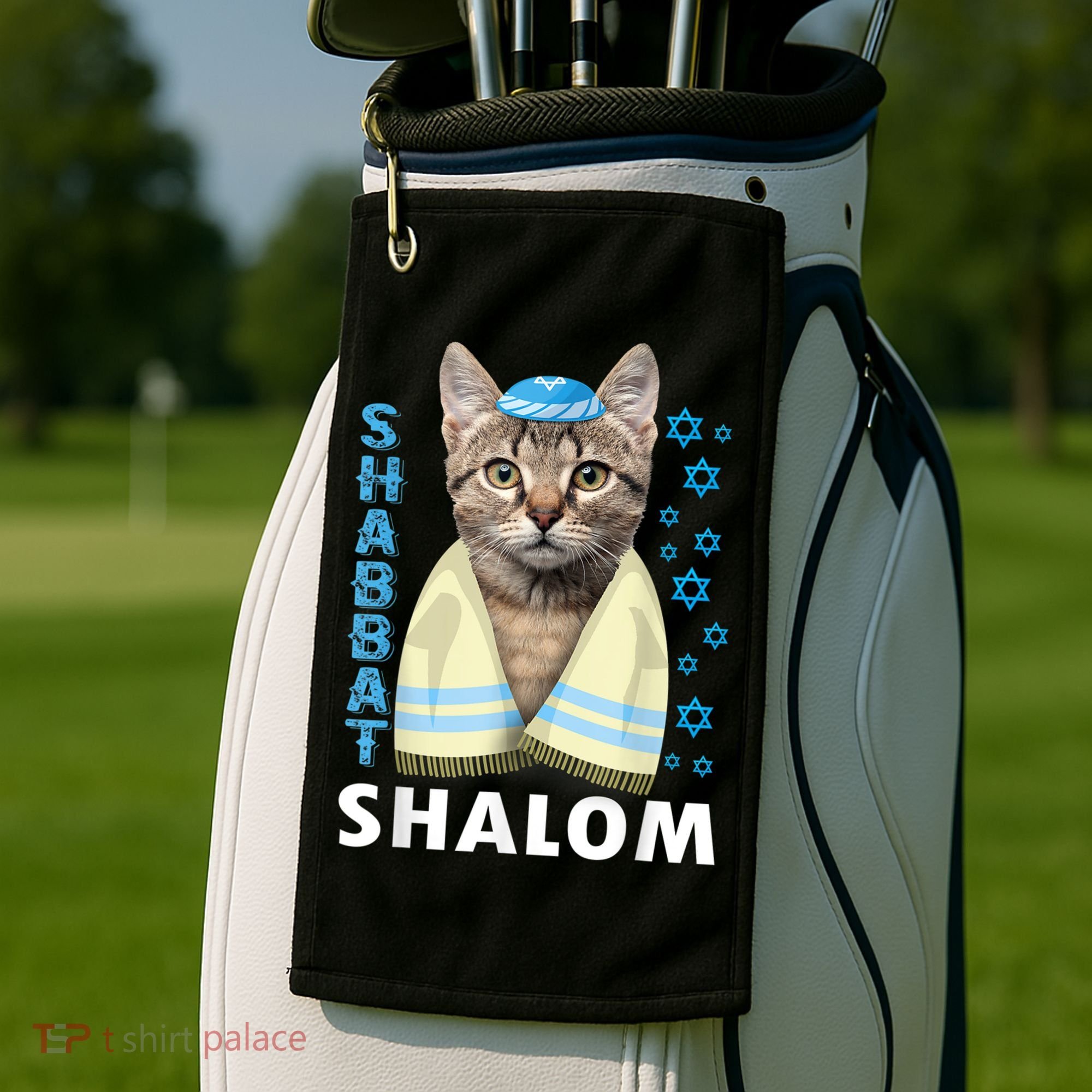 Funny Jewish Shabbat Shalom Cute Cat With Kippah Golf Towel