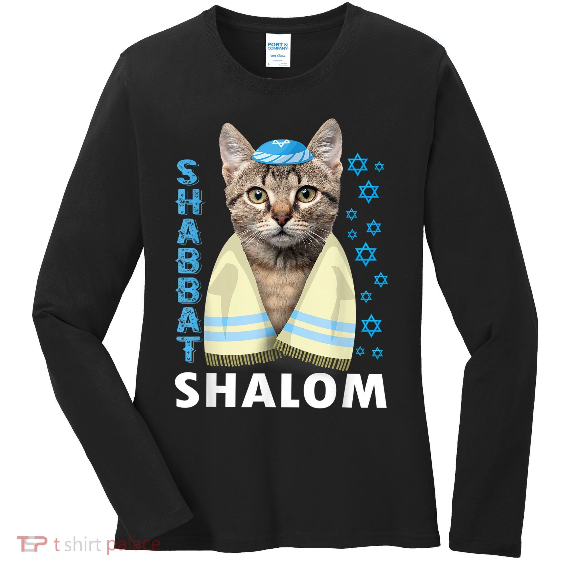Funny Jewish Shabbat Shalom Cute Cat With Kippah Women's Long Sleeve Shirt