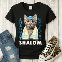 Funny Jewish Shabbat Shalom Cute Cat With Kippah Women's T-Shirt thumb 3
