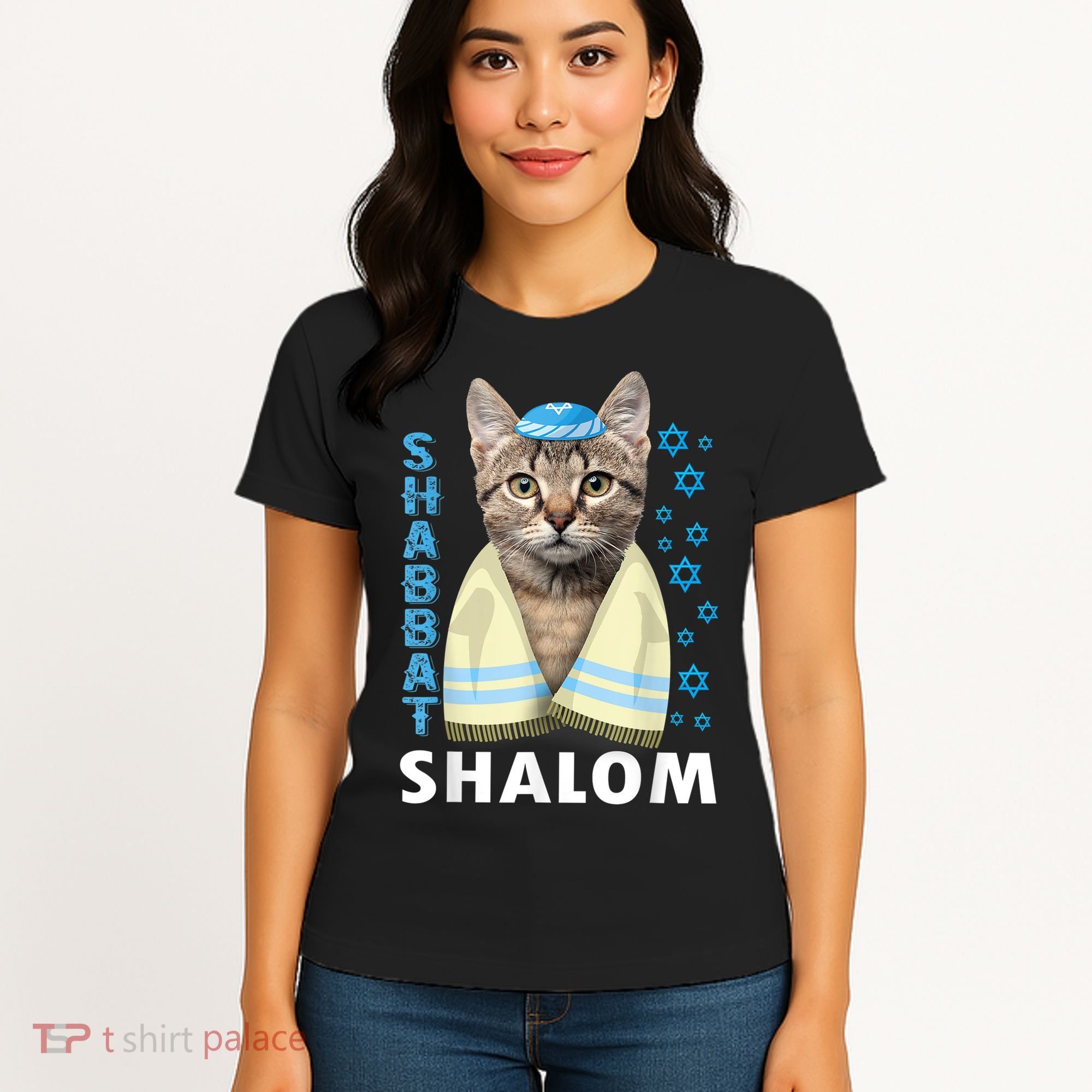 Funny Jewish Shabbat Shalom Cute Cat With Kippah Women's T-Shirt