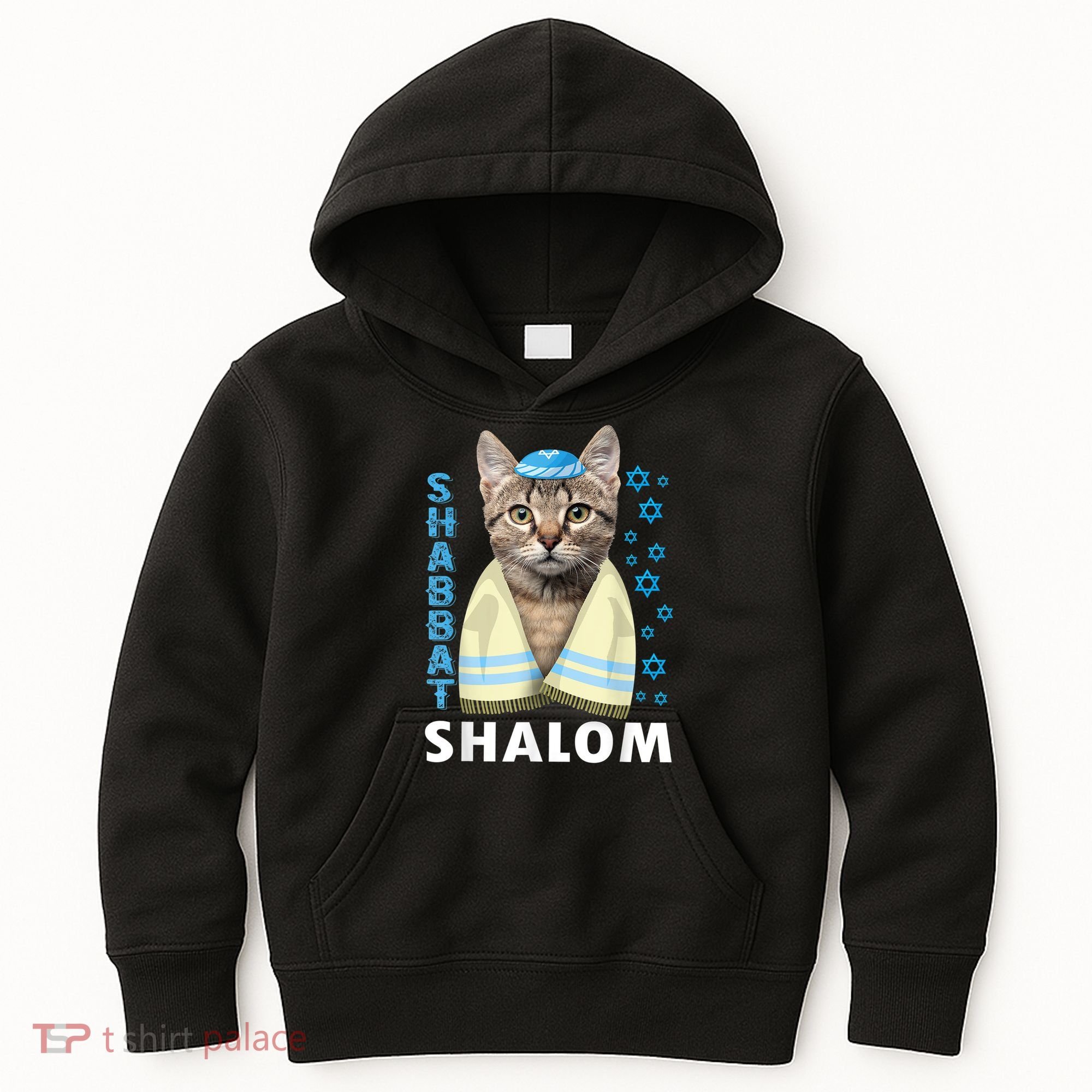Funny Jewish Shabbat Shalom Cute Cat With Kippah Kids Hoodie