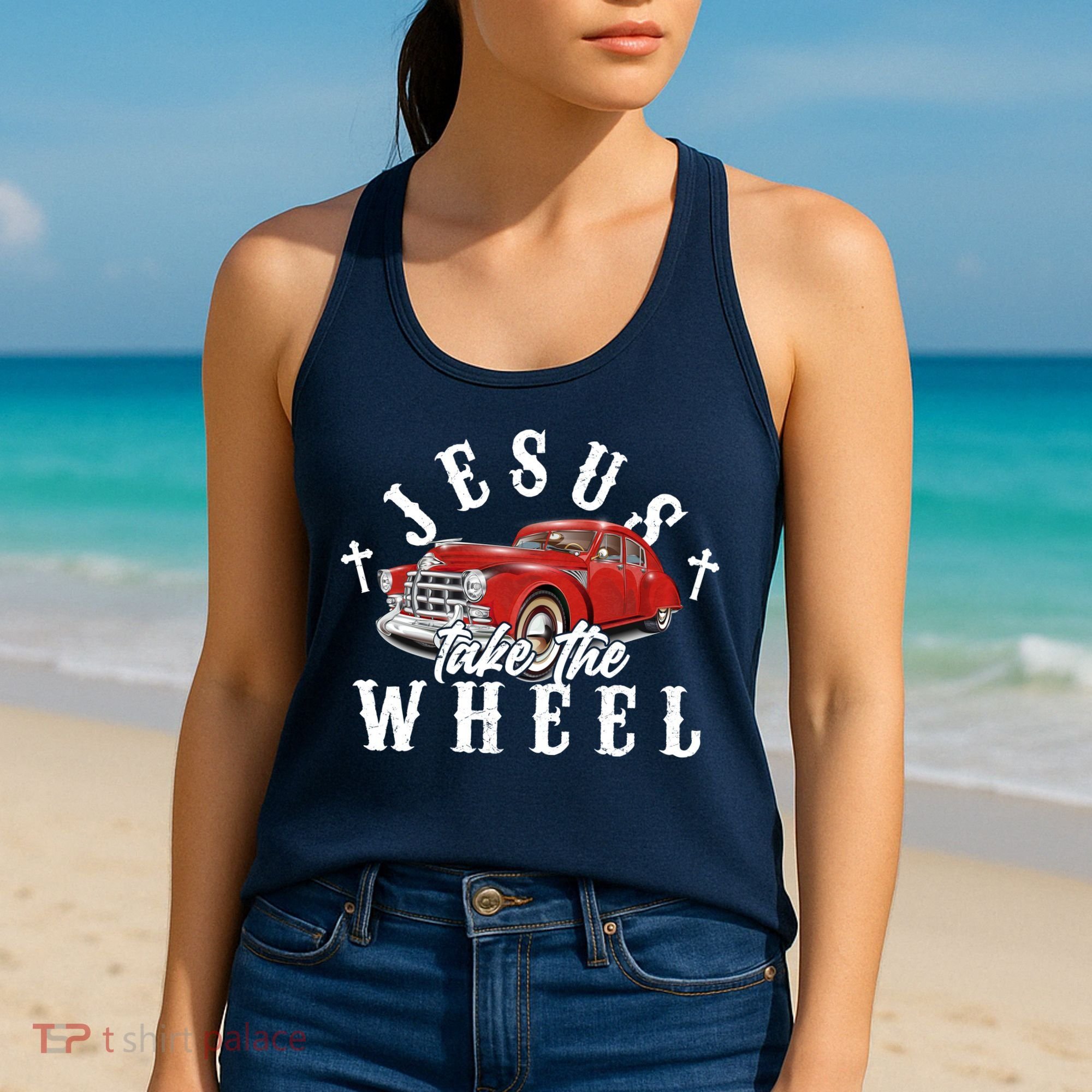 Funny Jesus Take The Wheel Classic Hot Rod Car Women's Tank Top