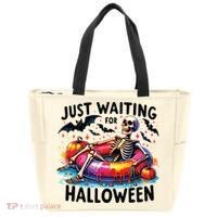 Funny Just Waiting For Halloween Skeleton Spooky Vibe Summer Tote Bag thumb 0