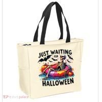 Funny Just Waiting For Halloween Skeleton Spooky Vibe Summer Tote Bag thumb 2