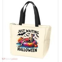 Funny Just Waiting For Halloween Skeleton Spooky Vibe Summer Tote Bag thumb 3