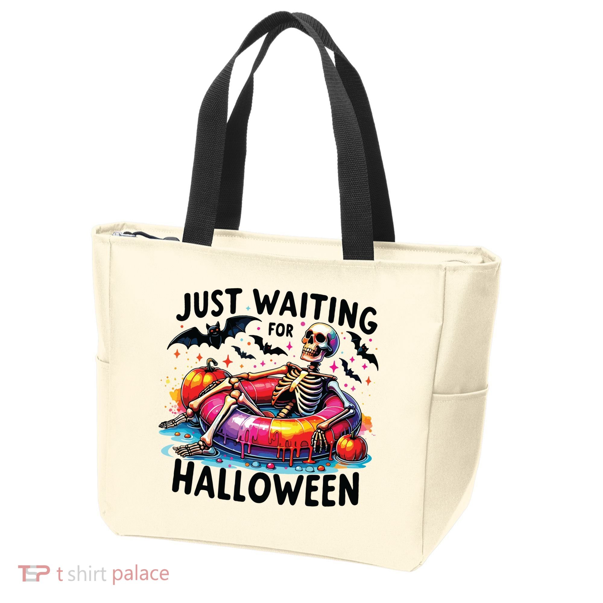 Funny Just Waiting For Halloween Skeleton Spooky Vibe Summer Tote Bag