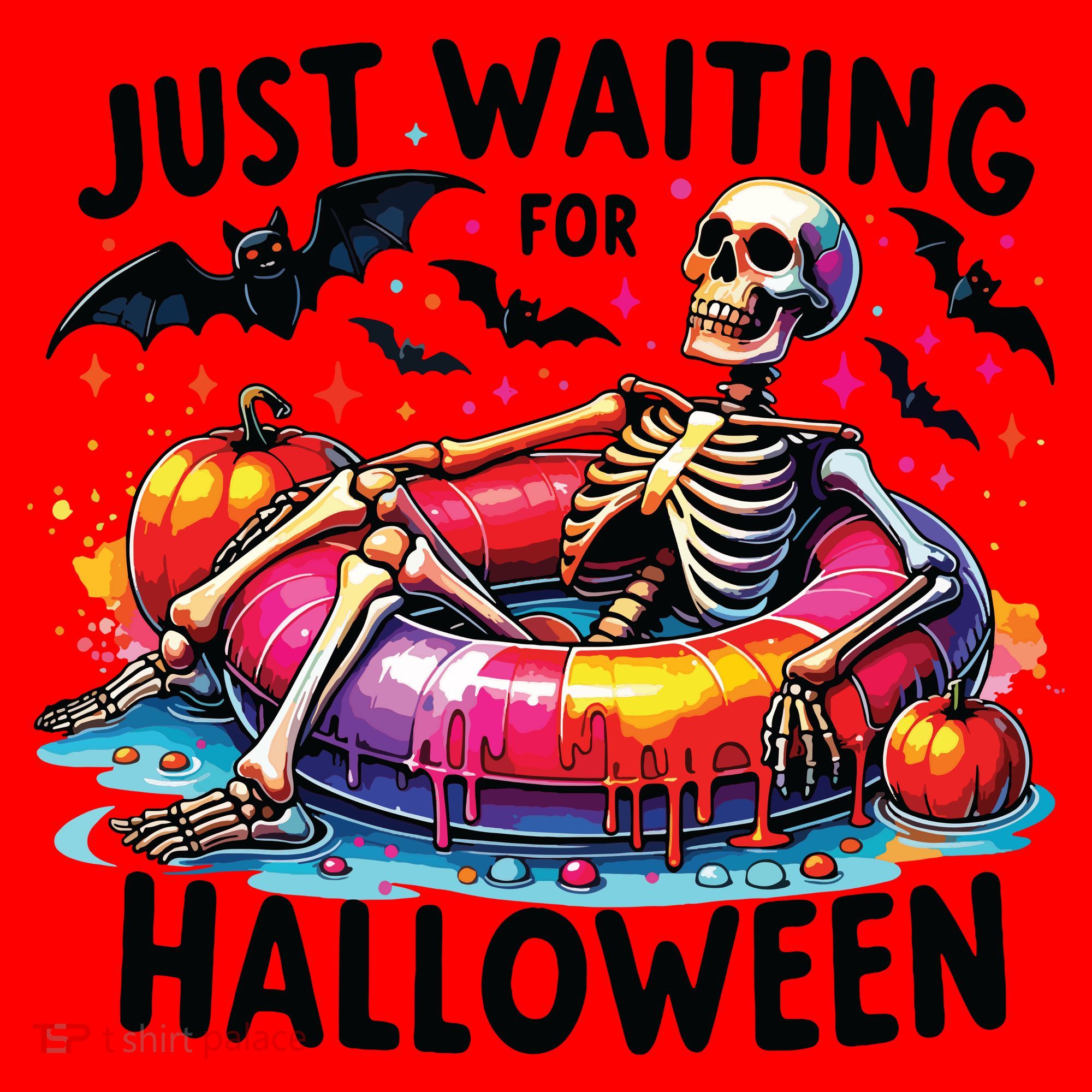 Funny Just Waiting For Halloween Skeleton Spooky Vibe Summer Santa Hat