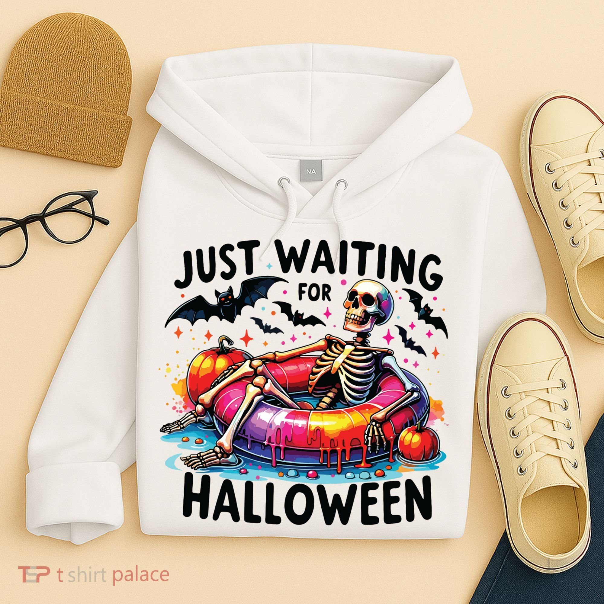 Funny Just Waiting For Halloween Skeleton Spooky Vibe Summer Hoodie
