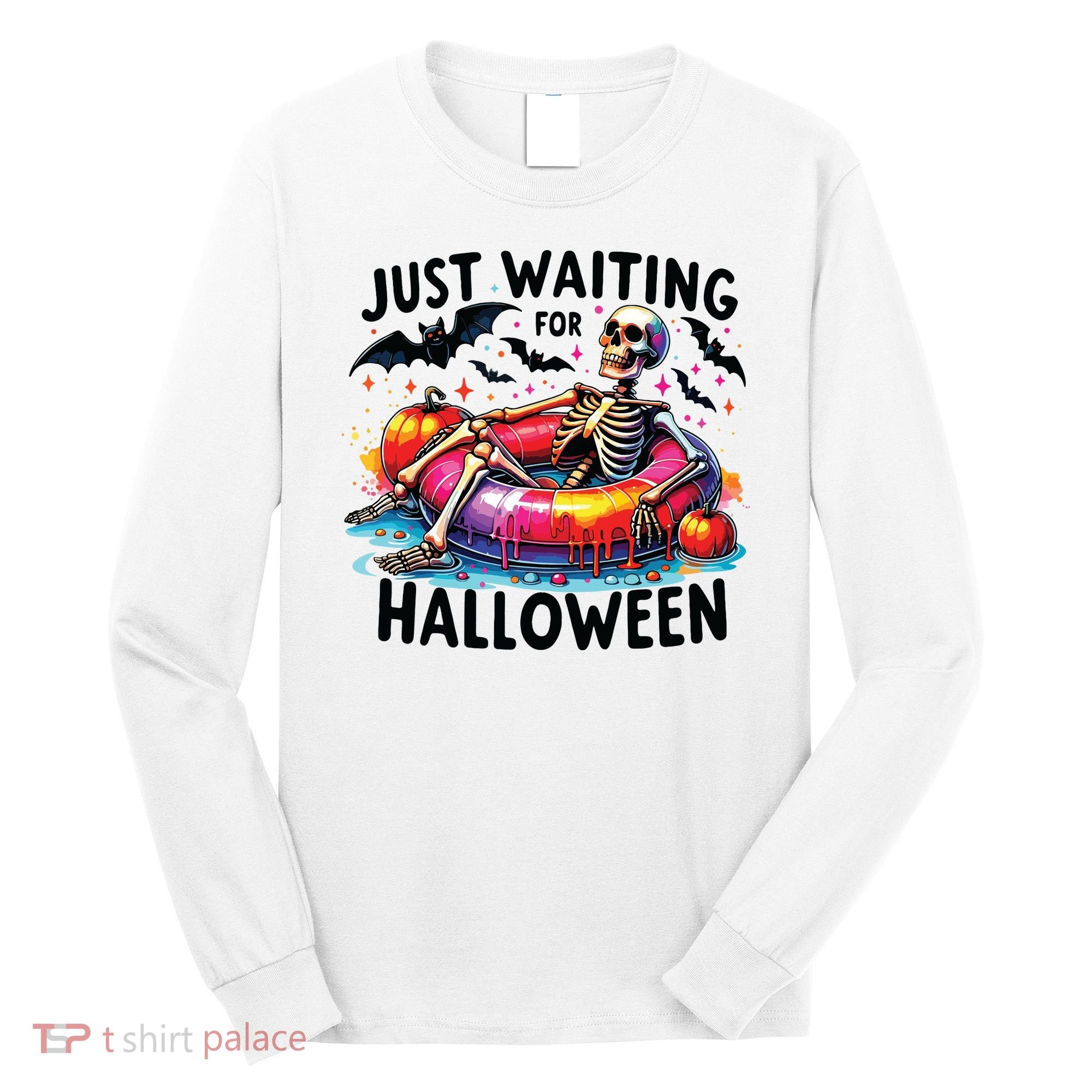 Funny Just Waiting For Halloween Skeleton Spooky Vibe Summer Long Sleeve Shirt