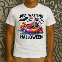 Funny Just Waiting For Halloween Skeleton Spooky Vibe Summer T-Shirt thumb 3