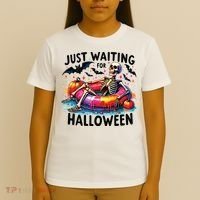 Funny Just Waiting For Halloween Skeleton Spooky Vibe Summer T-Shirt thumb 4