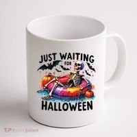 Funny Just Waiting For Halloween Skeleton Spooky Vibe Summer Coffee Mug thumb 1