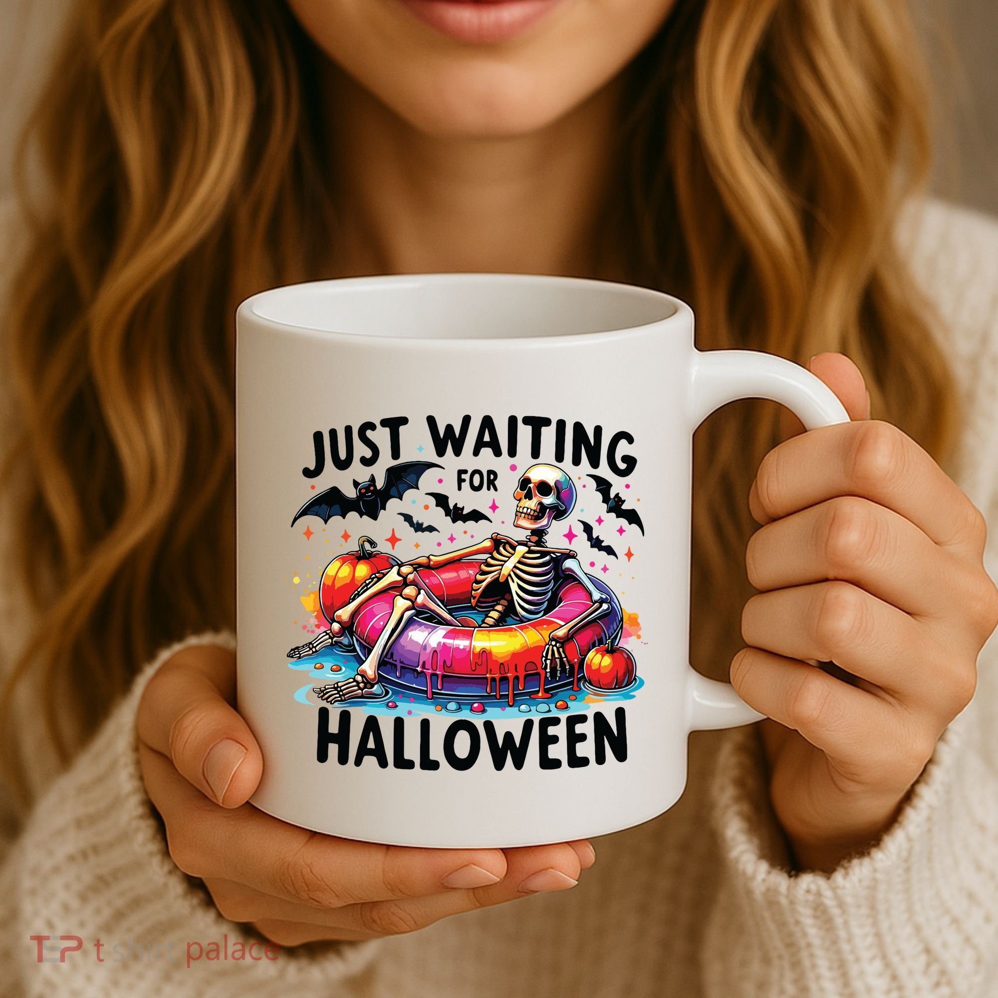 Funny Just Waiting For Halloween Skeleton Spooky Vibe Summer Coffee Mug