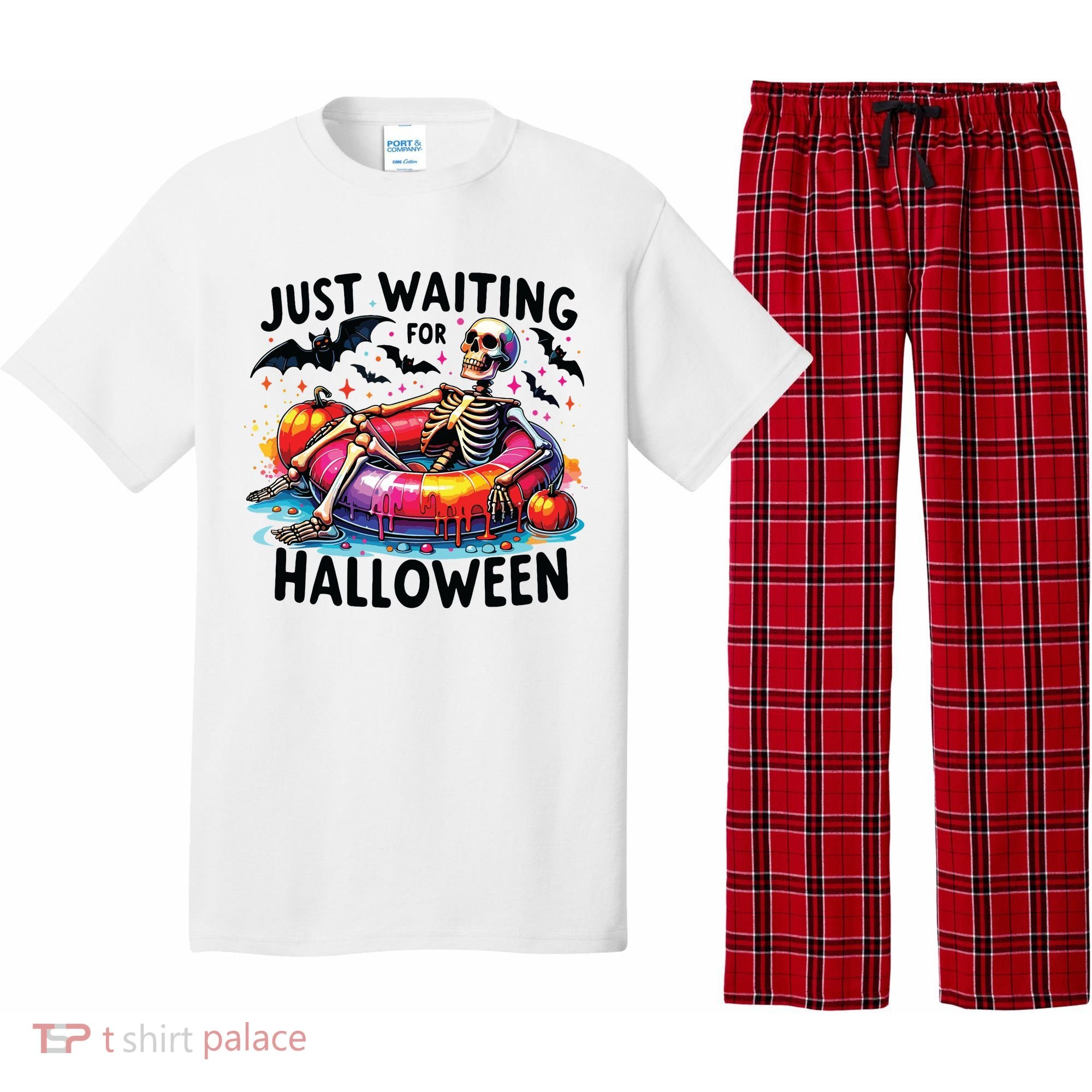 Funny Just Waiting For Halloween Skeleton Spooky Vibe Summer Pajama Set