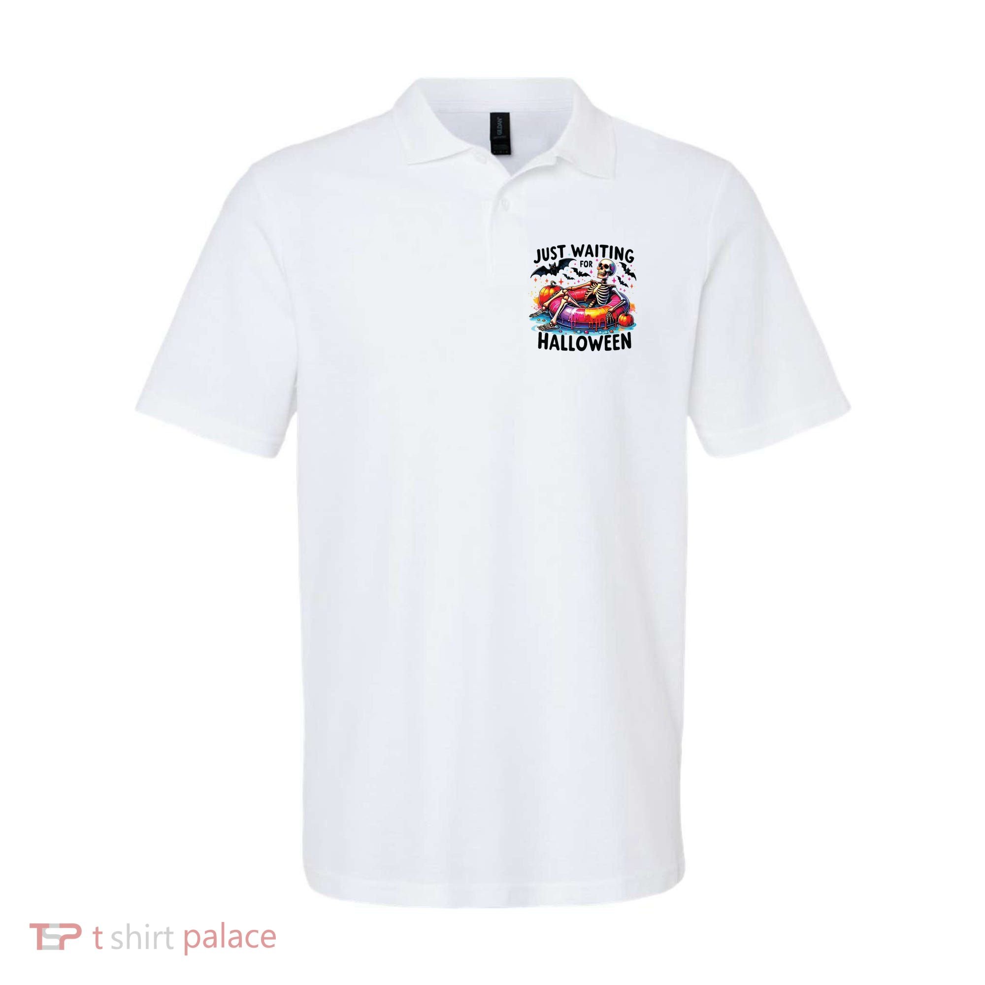 Funny Just Waiting For Halloween Skeleton Spooky Vibe Summer Polo