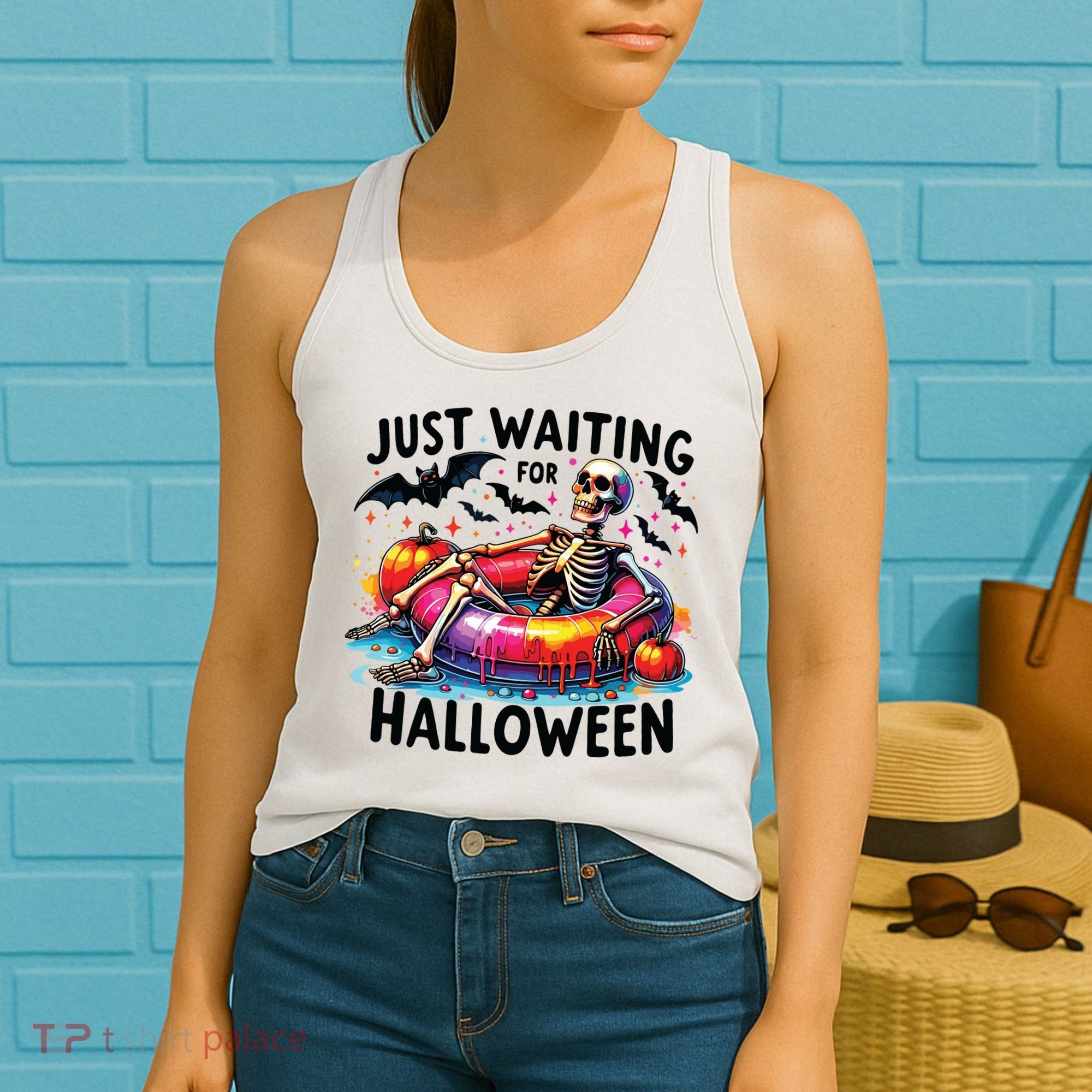 Funny Just Waiting For Halloween Skeleton Spooky Vibe Summer Women's Tank Top