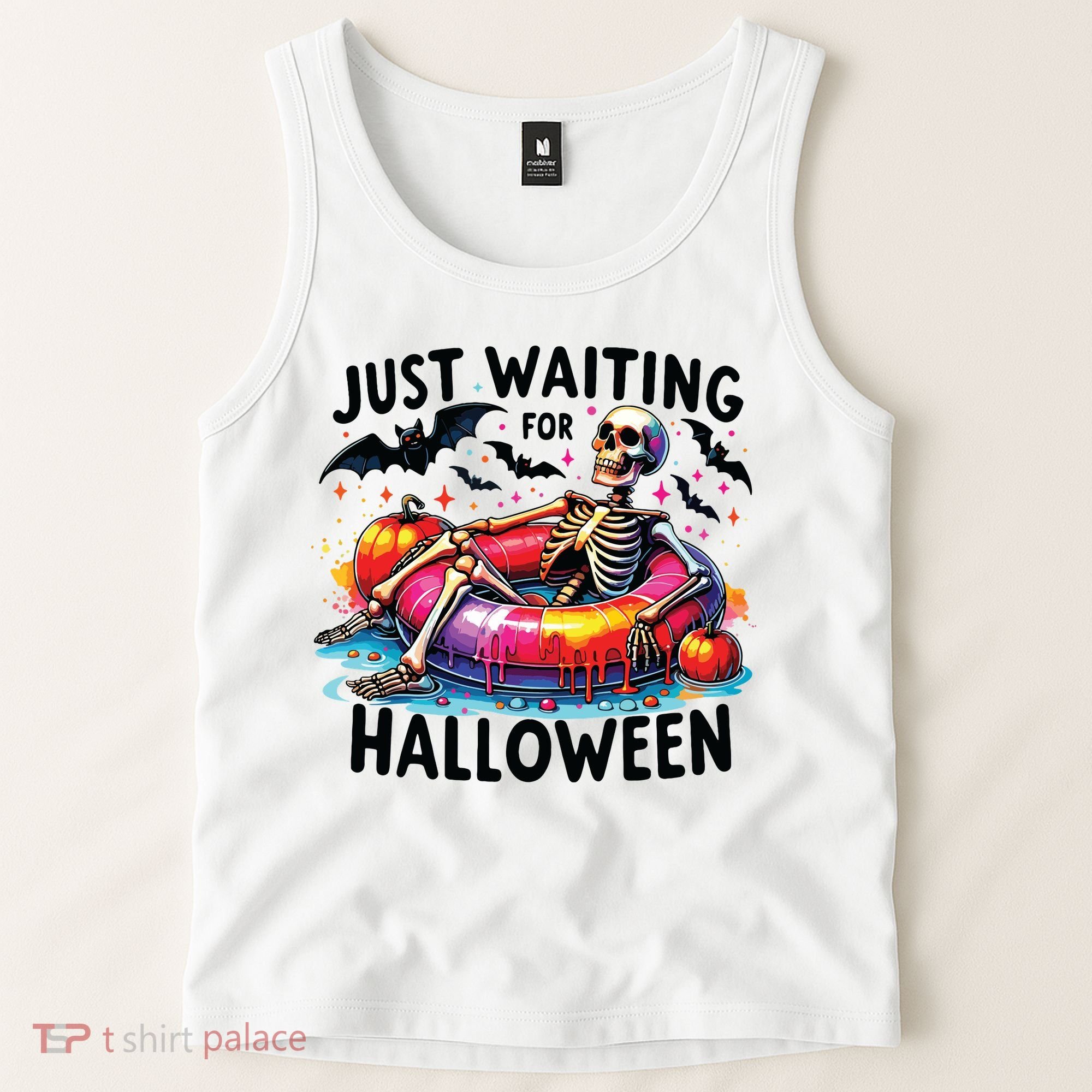 Funny Just Waiting For Halloween Skeleton Spooky Vibe Summer Tank Top
