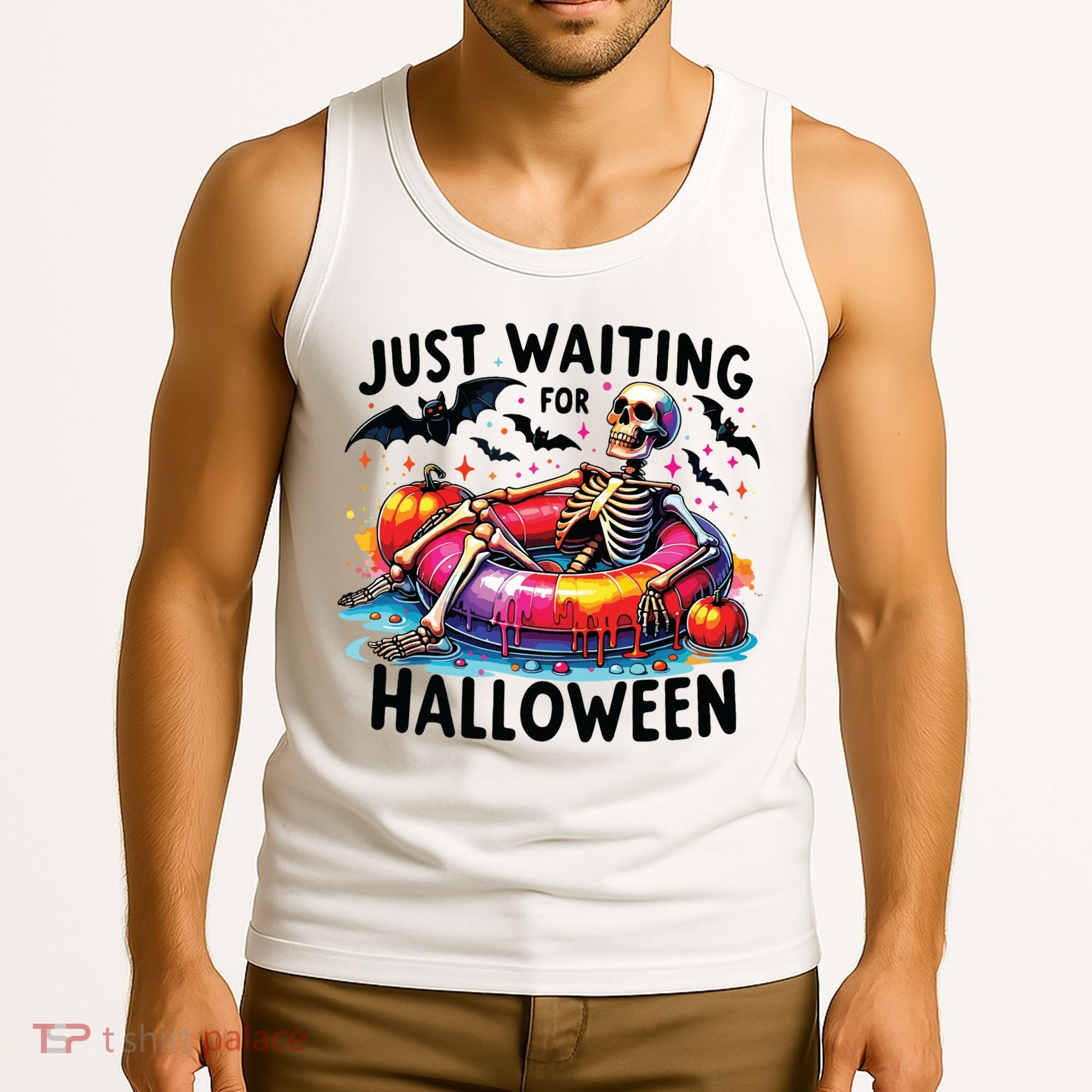Funny Just Waiting For Halloween Skeleton Spooky Vibe Summer Tank Top