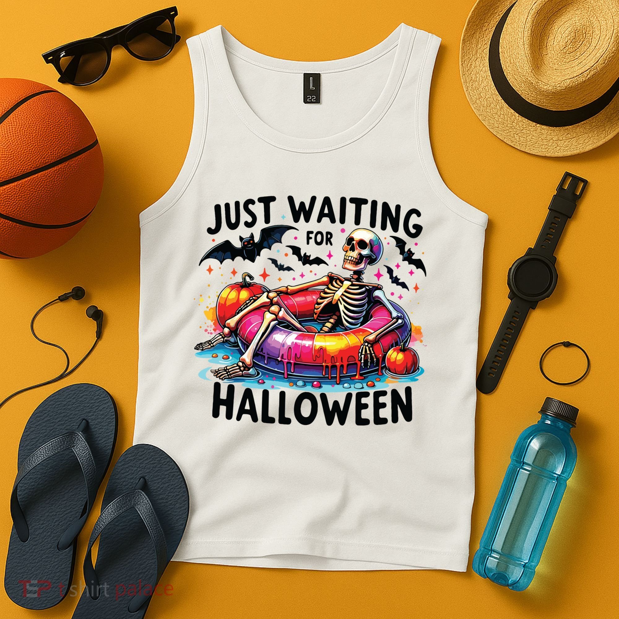 Funny Just Waiting For Halloween Skeleton Spooky Vibe Summer Tank Top