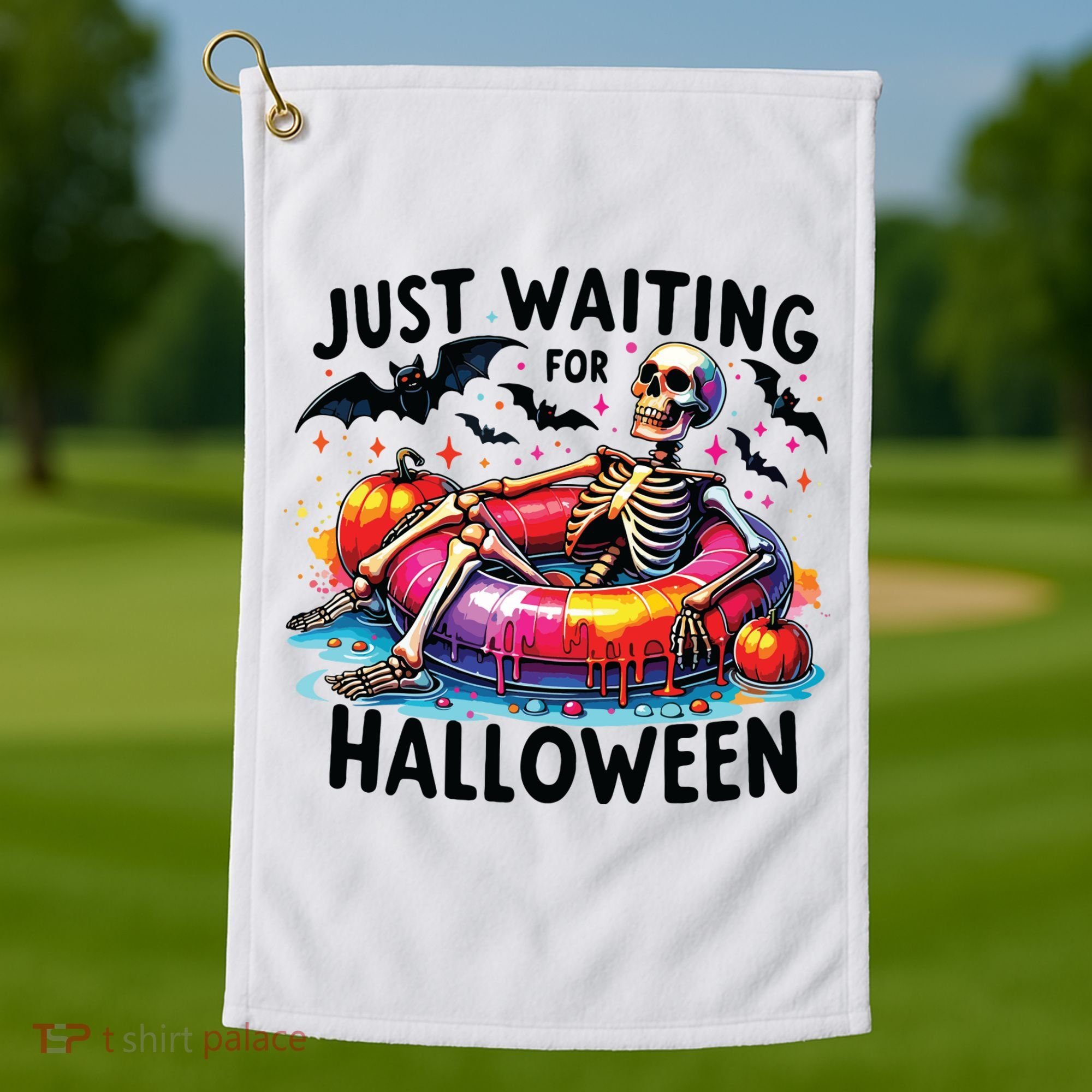 Funny Just Waiting For Halloween Skeleton Spooky Vibe Summer Golf Towel