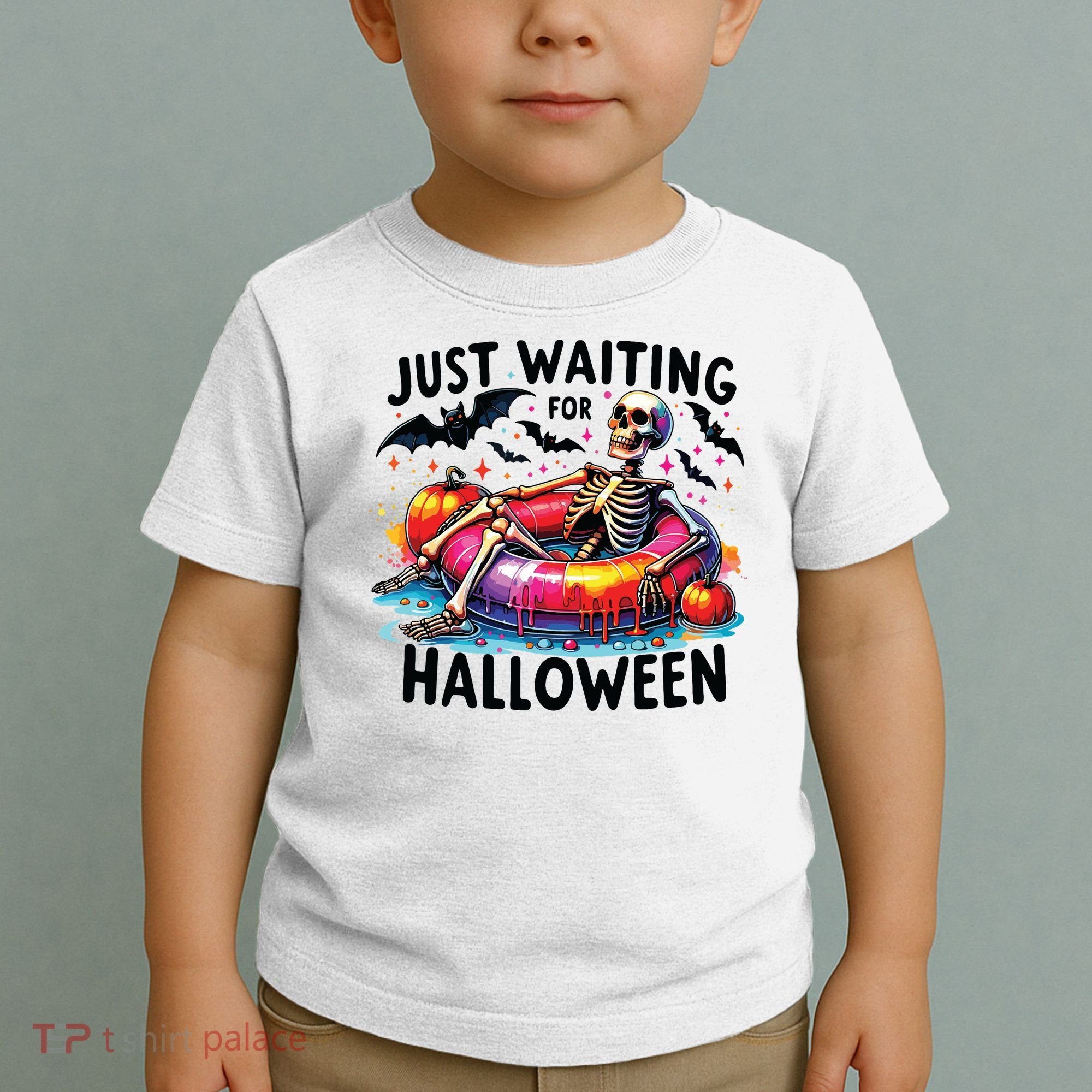 Funny Just Waiting For Halloween Skeleton Spooky Vibe Summer Toddler T-Shirt