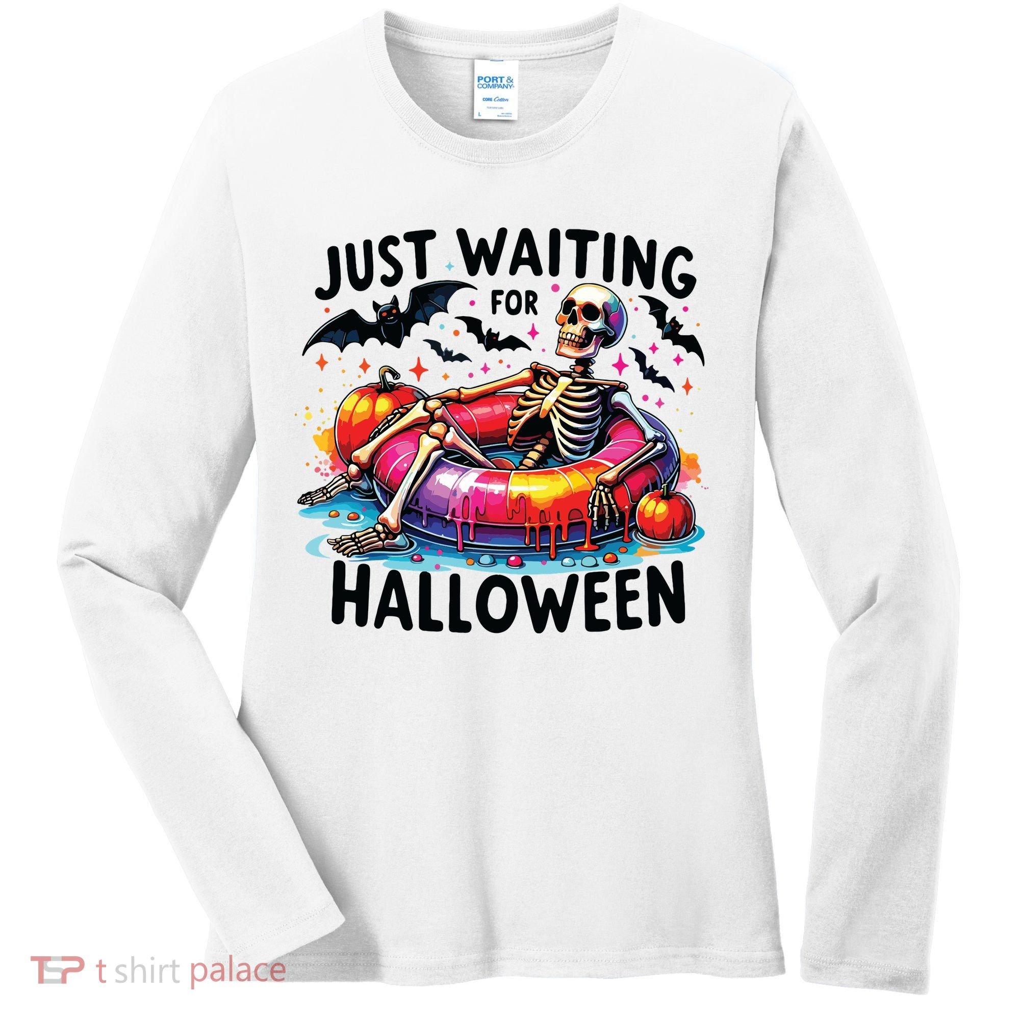 Funny Just Waiting For Halloween Skeleton Spooky Vibe Summer Women's Long Sleeve Shirt