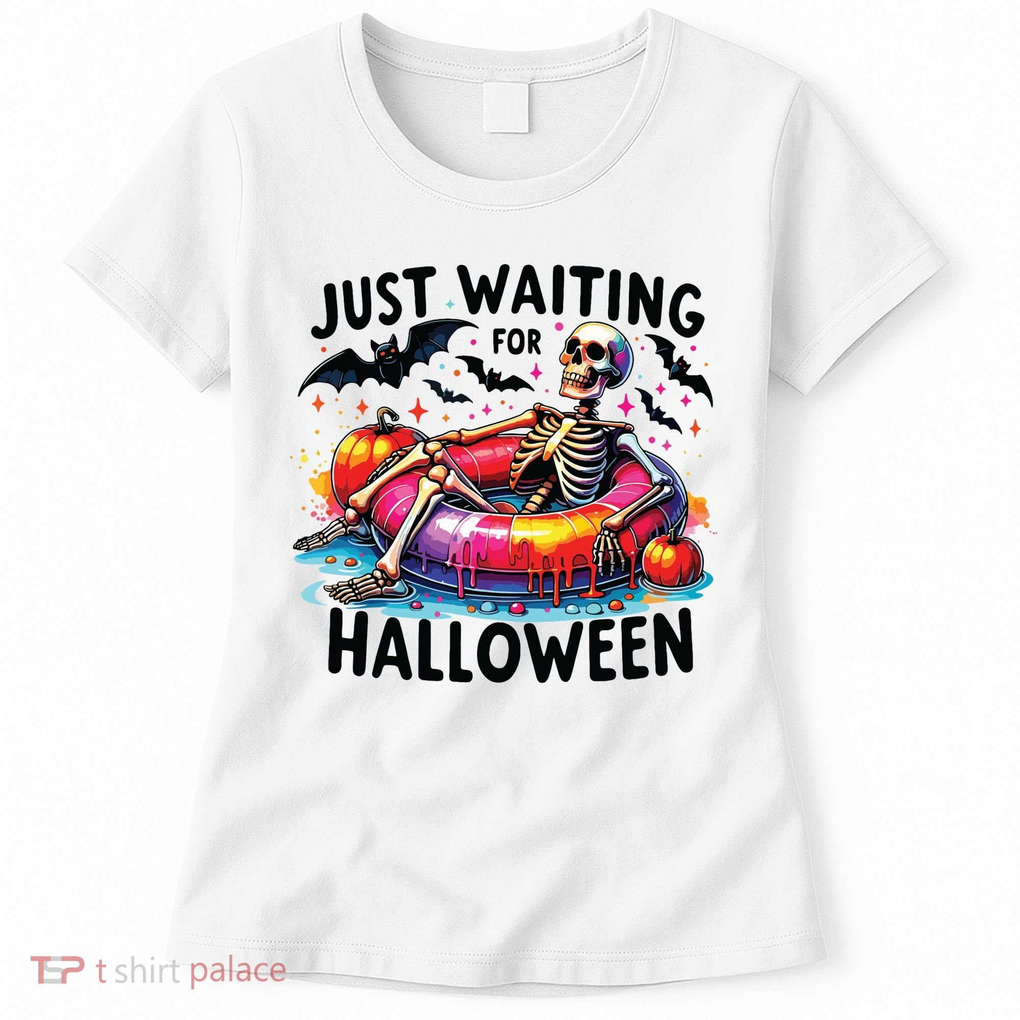Funny Just Waiting For Halloween Skeleton Spooky Vibe Summer Women's T-Shirt