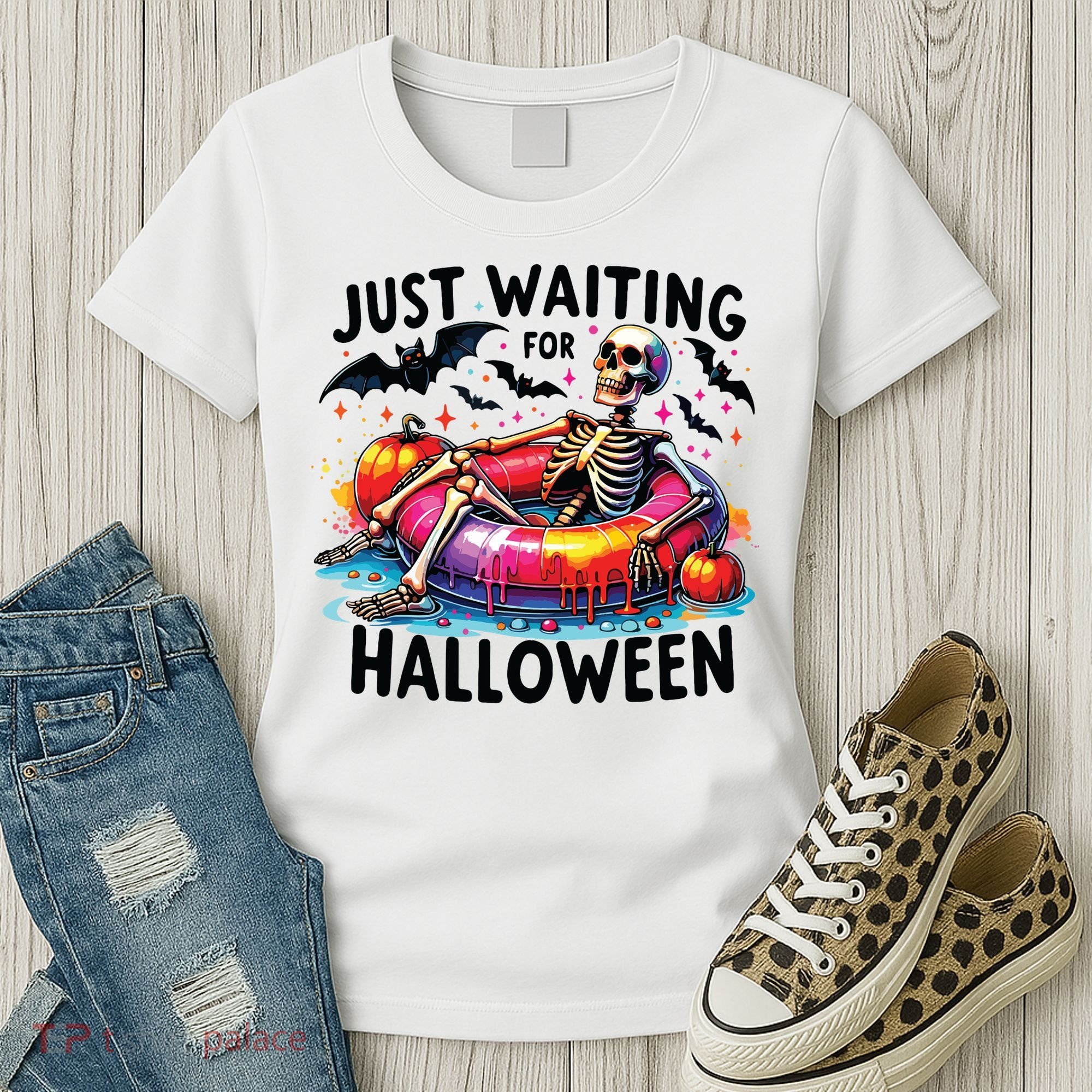 Funny Just Waiting For Halloween Skeleton Spooky Vibe Summer Women's T-Shirt