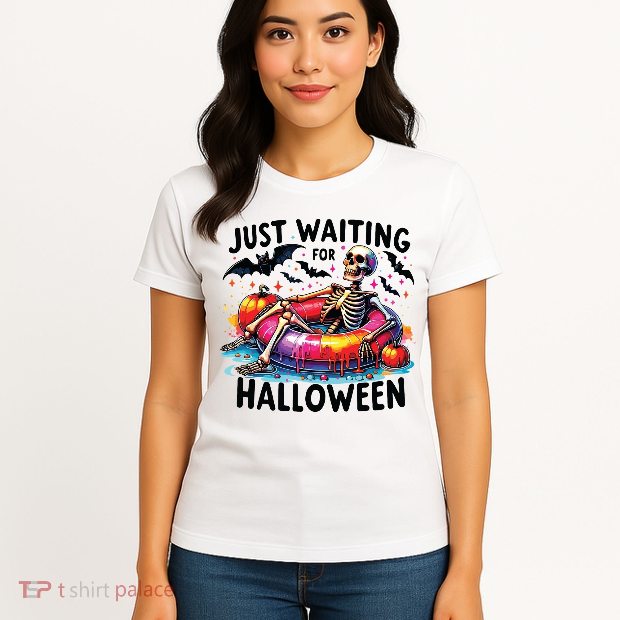 Funny Just Waiting For Halloween Skeleton Spooky Vibe Summer Women's T-Shirt