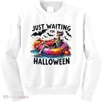 Funny Just Waiting For Halloween Skeleton Spooky Vibe Summer Kids Sweatshirt thumb 0