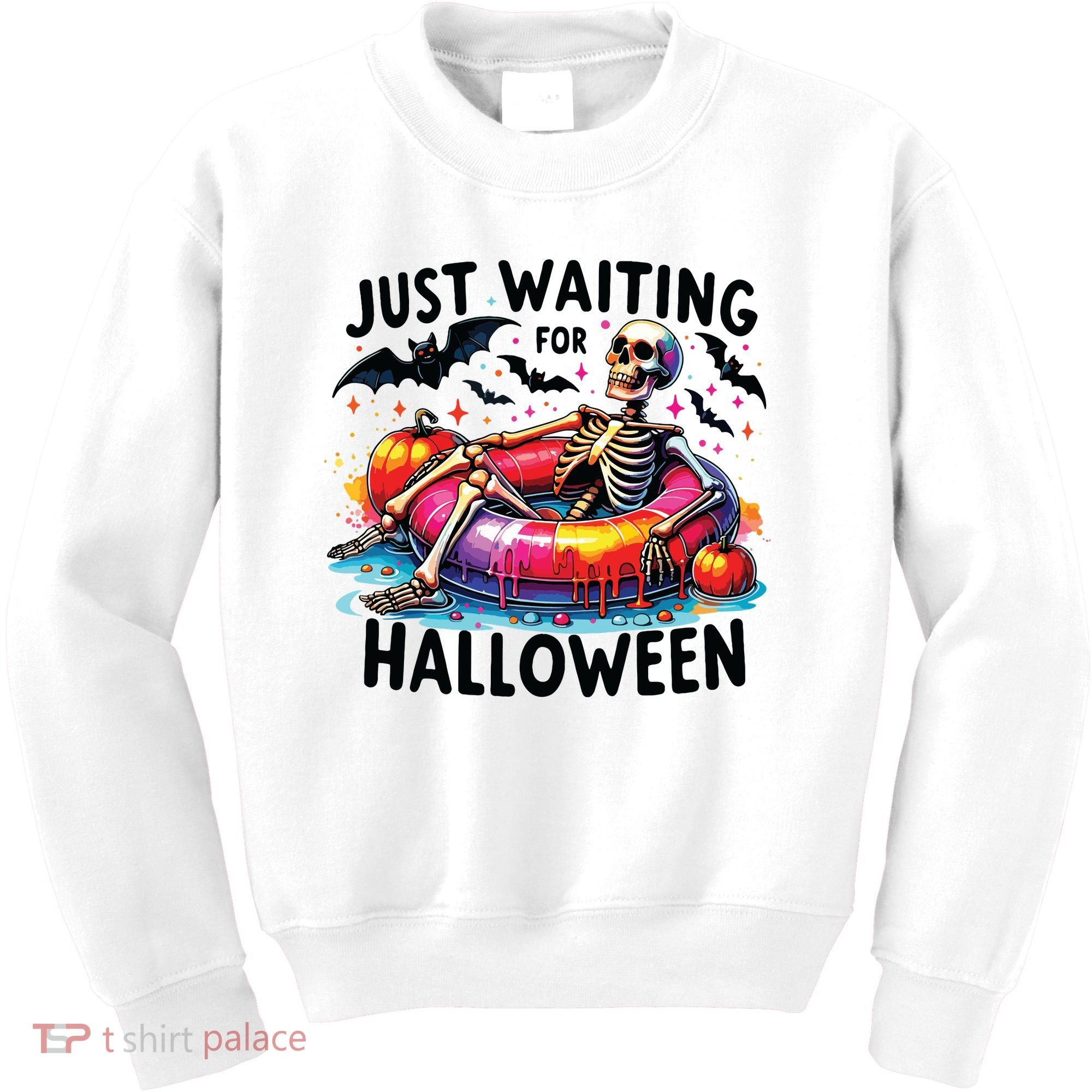 Funny Just Waiting For Halloween Skeleton Spooky Vibe Summer Kids Sweatshirt