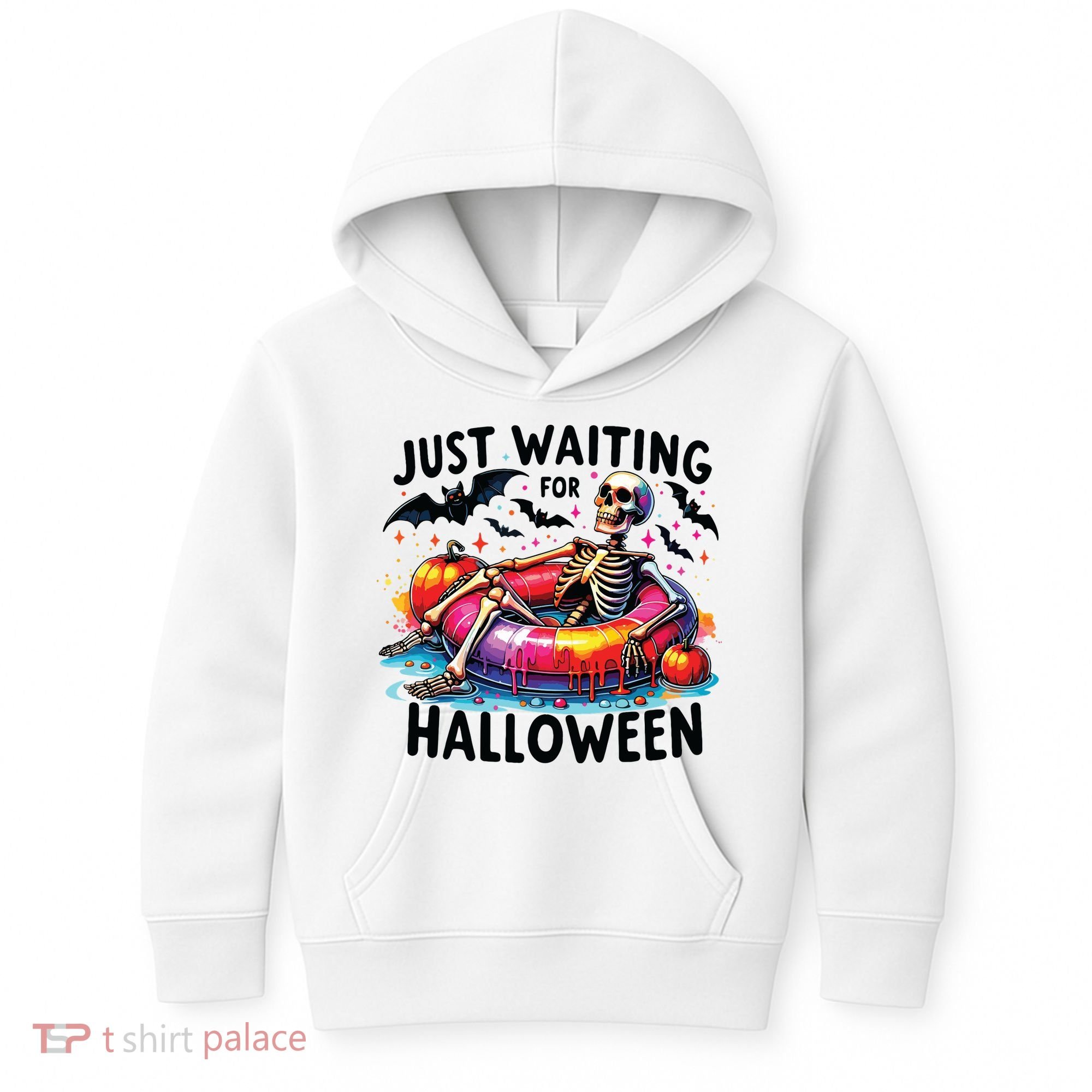 Funny Just Waiting For Halloween Skeleton Spooky Vibe Summer Kids Hoodie