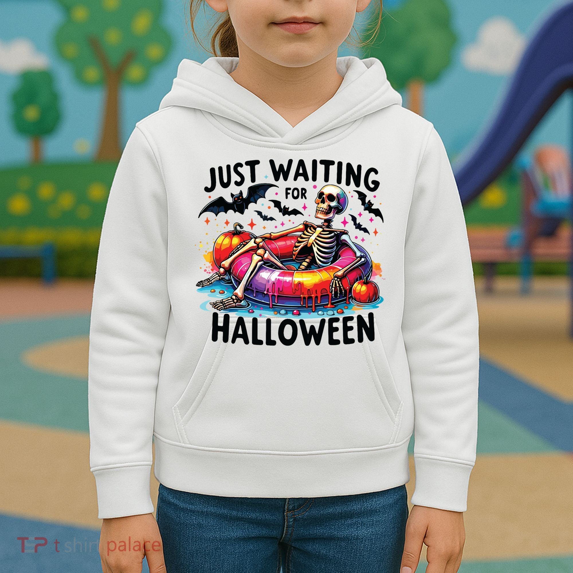 Funny Just Waiting For Halloween Skeleton Spooky Vibe Summer Kids Hoodie