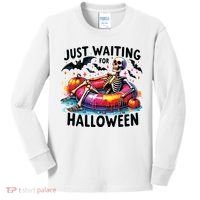 Funny Just Waiting For Halloween Skeleton Spooky Vibe Summer Kids Long Sleeve Shirt thumb 0