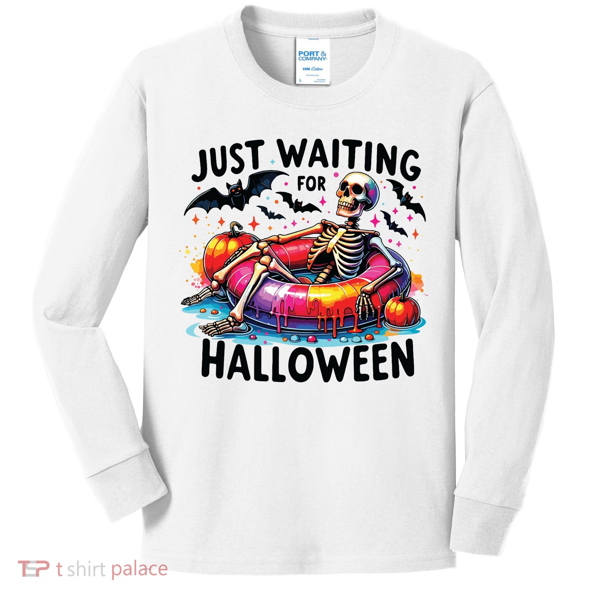 Funny Just Waiting For Halloween Skeleton Spooky Vibe Summer Kids Long Sleeve Shirt
