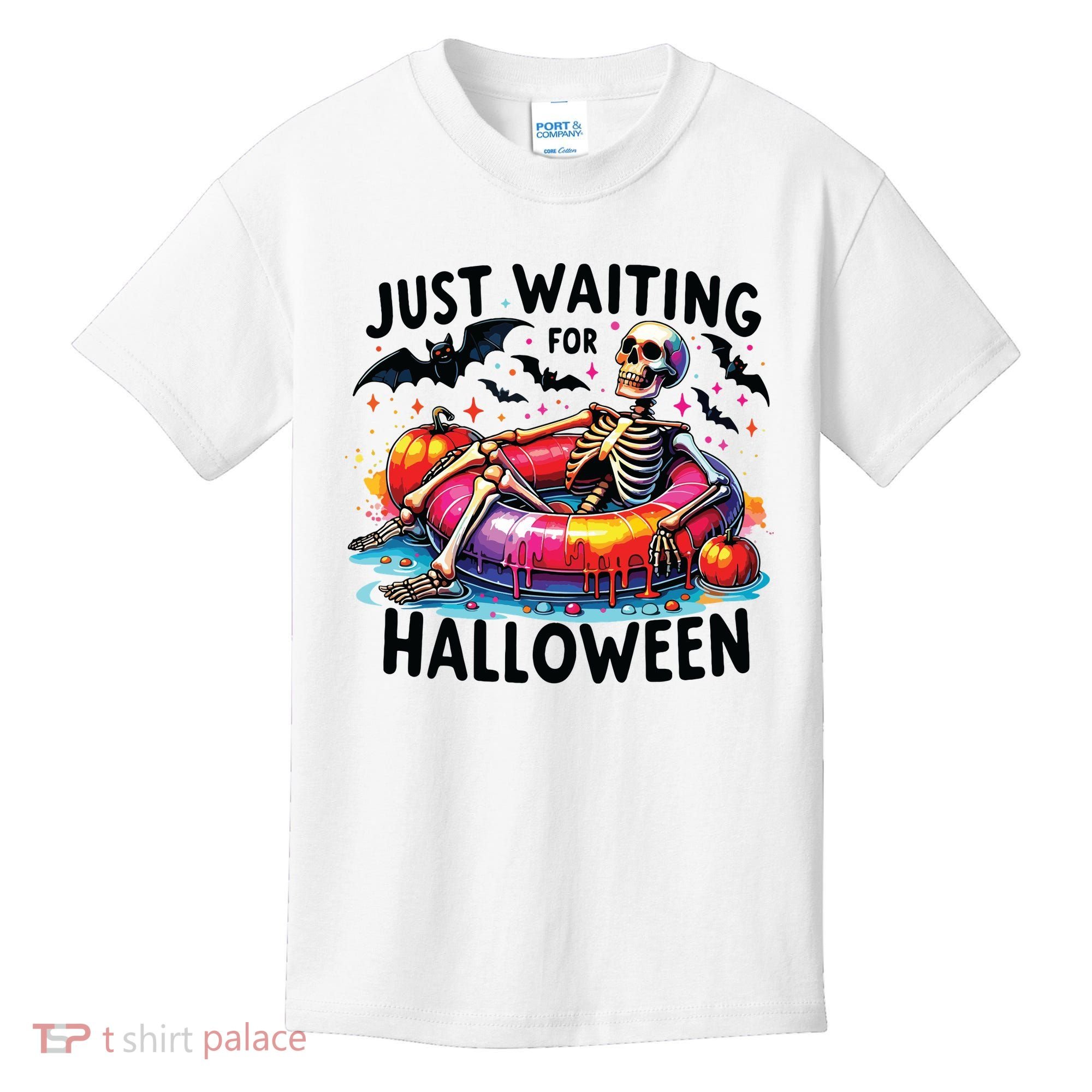 Funny Just Waiting For Halloween Skeleton Spooky Vibe Summer Kids T-Shirt