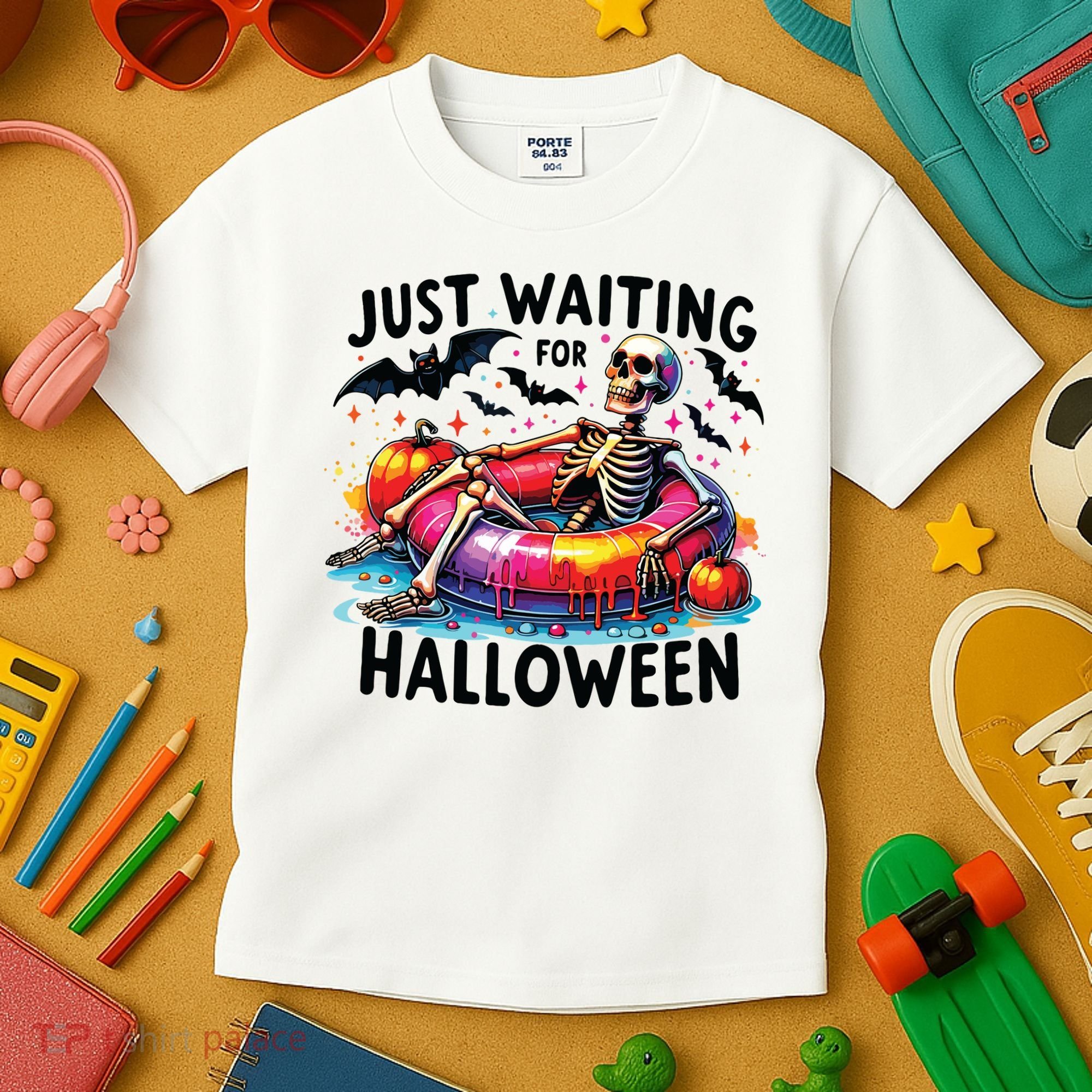Funny Just Waiting For Halloween Skeleton Spooky Vibe Summer Kids T-Shirt