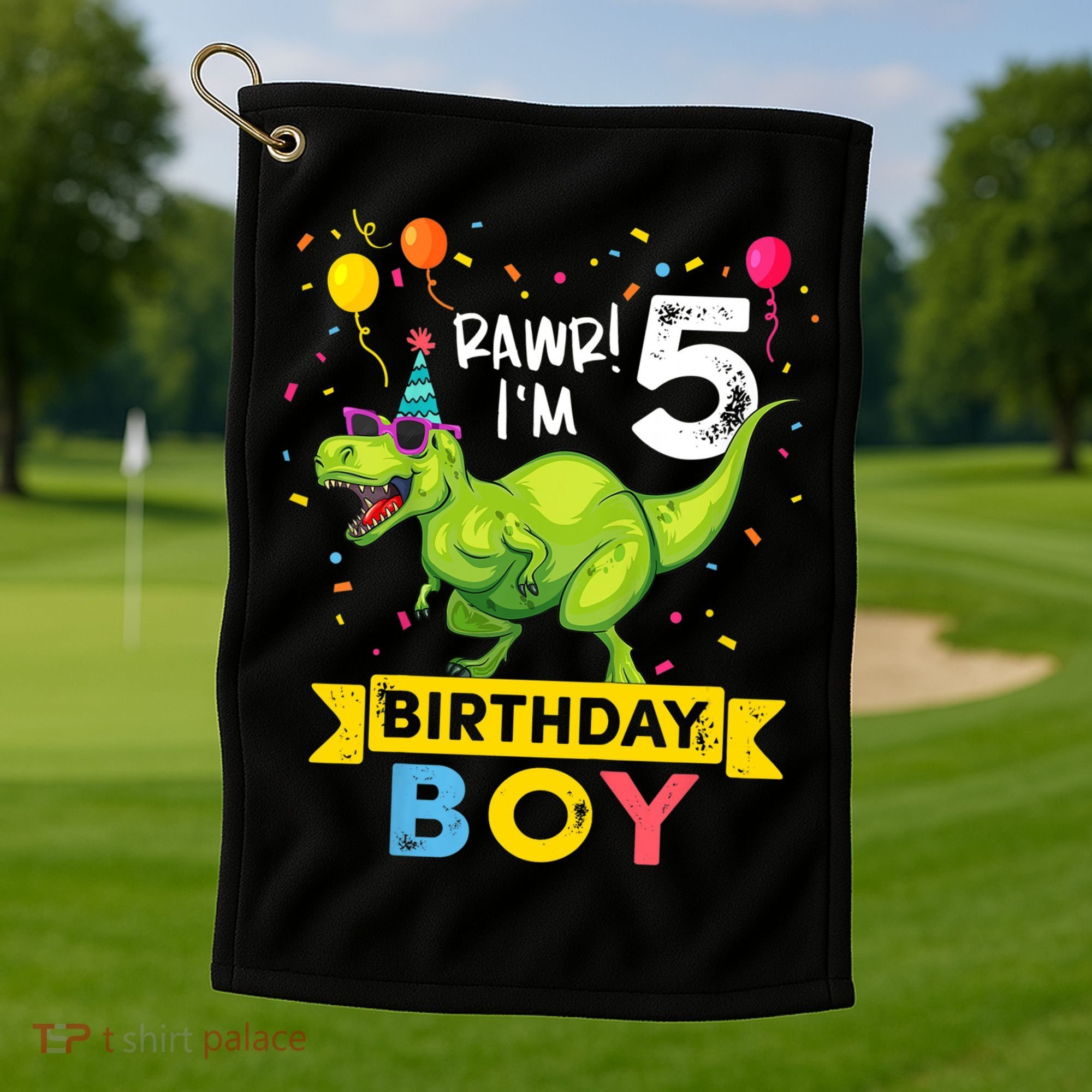 Funny Kids 5 Year Old Gift 5th Birthday Boy T Rex Dinosaur Gift Golf Towel