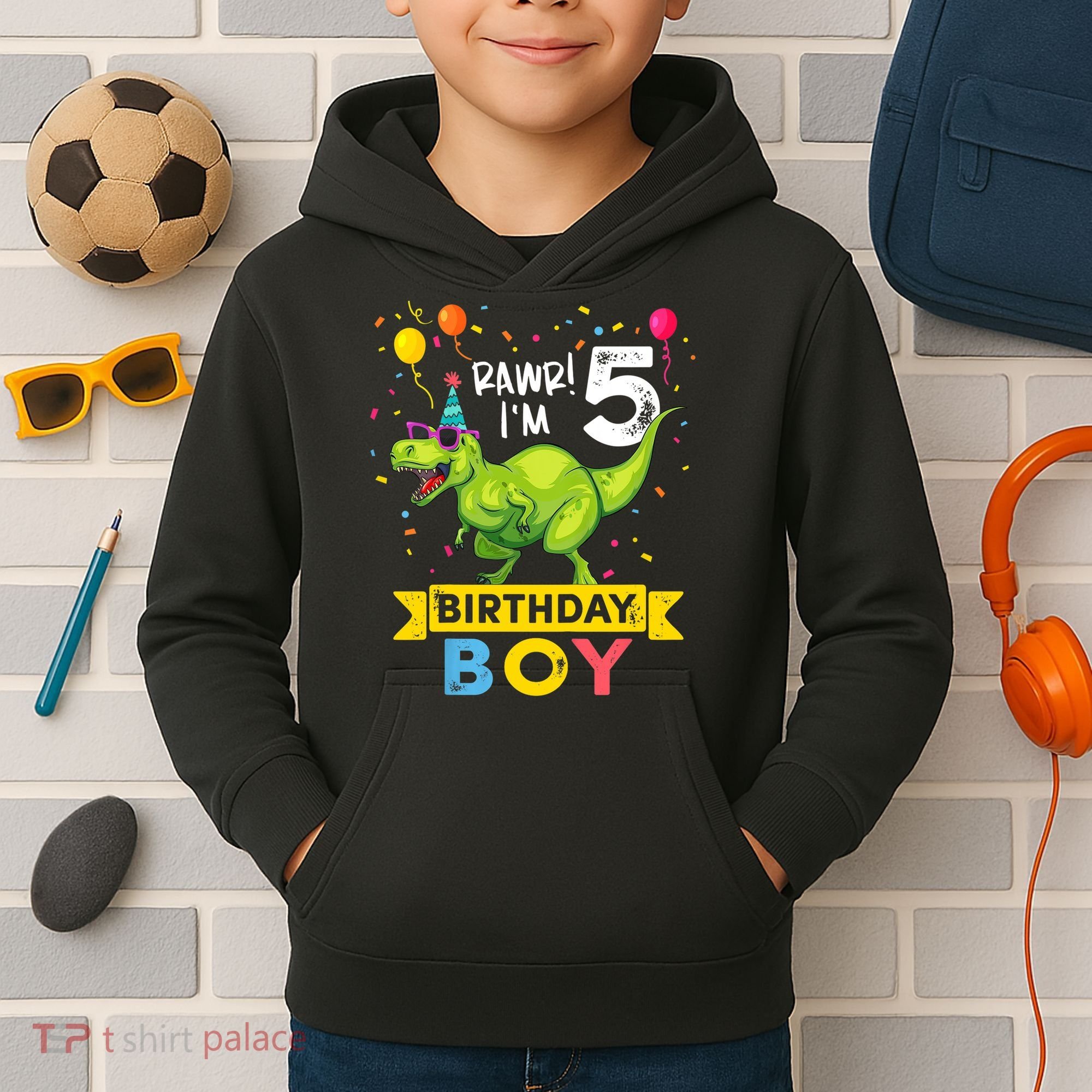 Funny Kids 5 Year Old Gift 5th Birthday Boy T Rex Dinosaur Gift Kids Hoodie