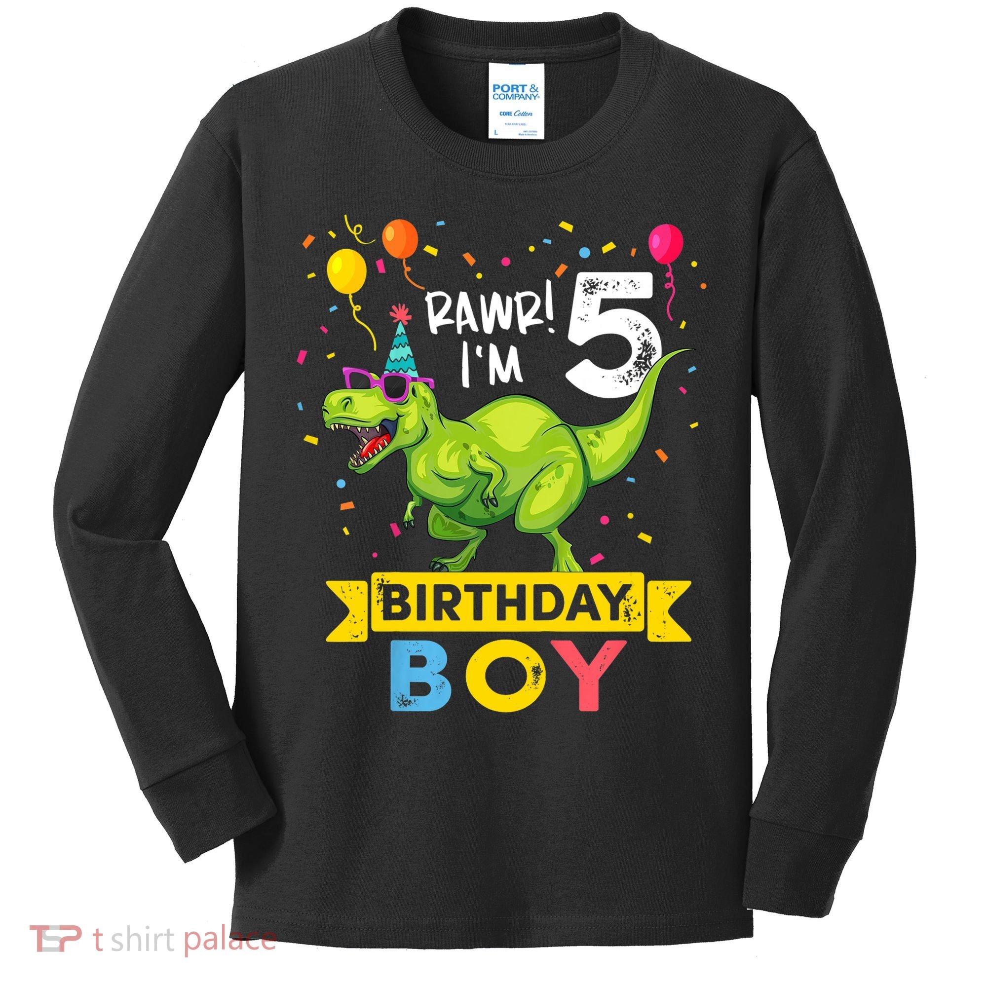 Funny Kids 5 Year Old Gift 5th Birthday Boy T Rex Dinosaur Gift Kids Long Sleeve Shirt
