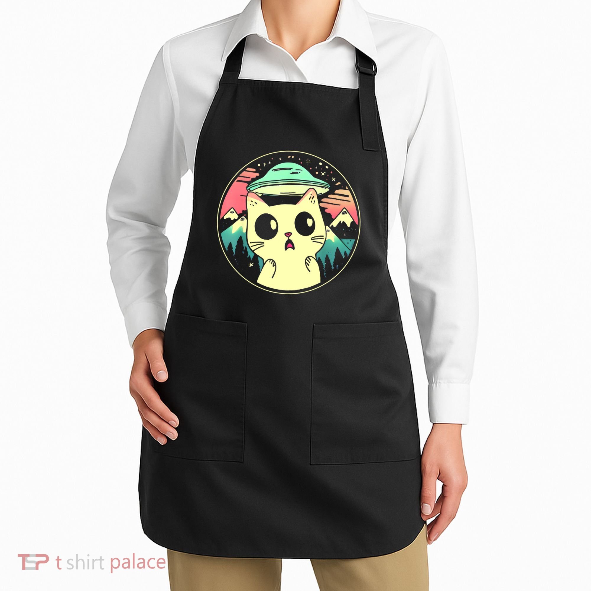 Funny Kawaii Cat Aliens And Ufo Apron