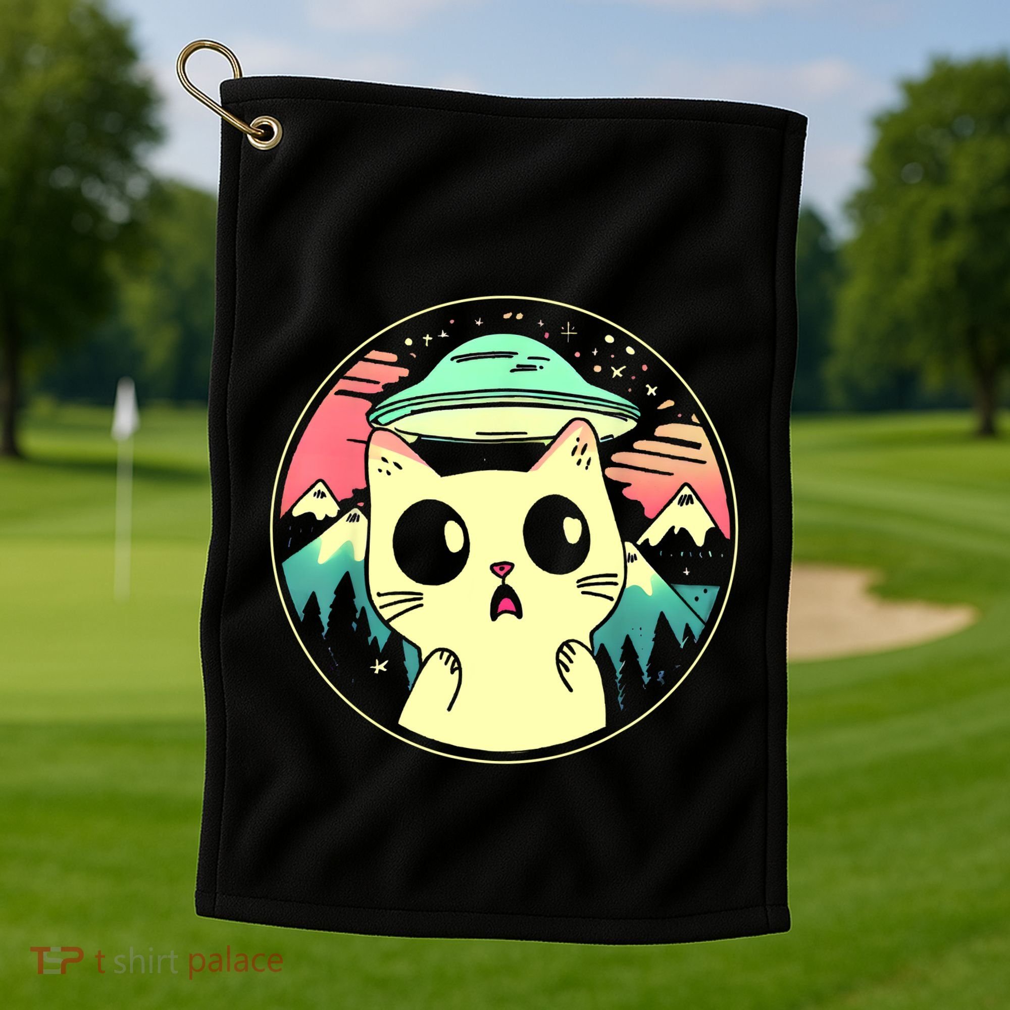 Funny Kawaii Cat Aliens And Ufo Golf Towel